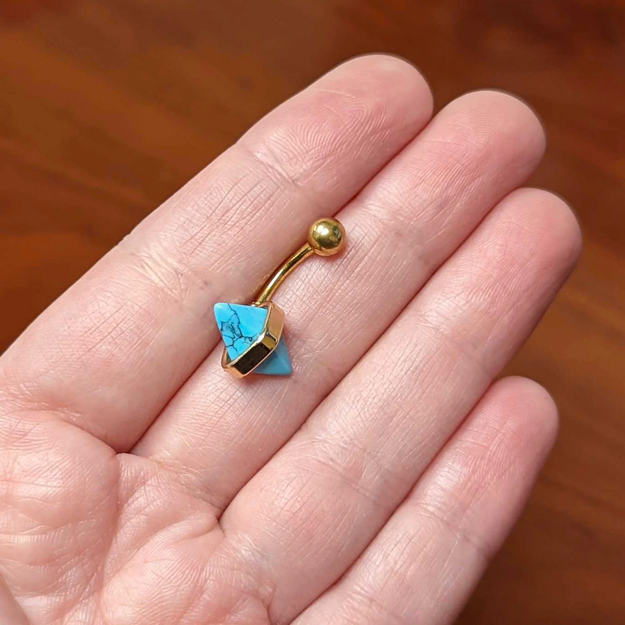 Gold Tone Turquoise Rhombus Belly Ring - Image 3
