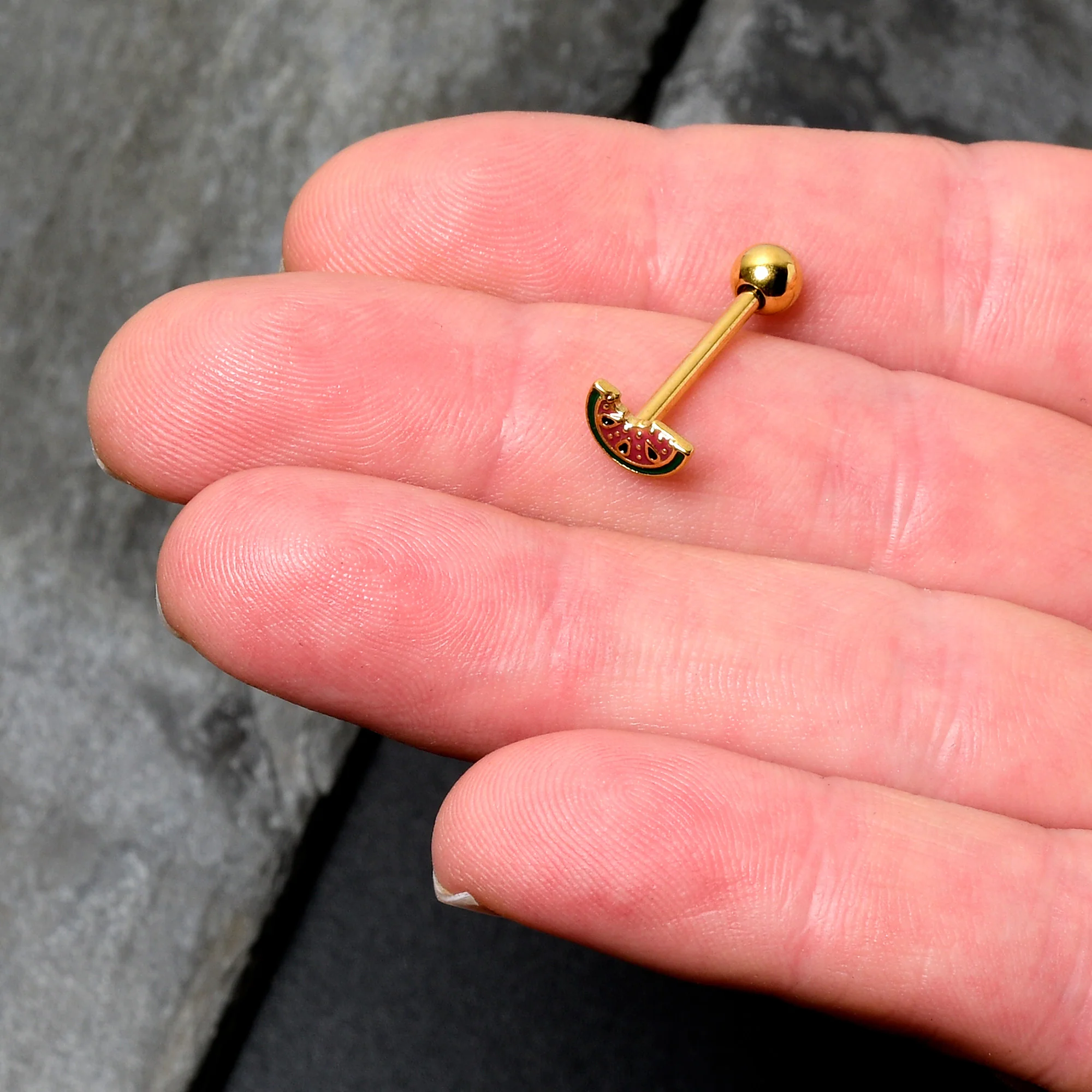 Gold Tone Watermelon Bite Barbell Tongue Ring - Image 4
