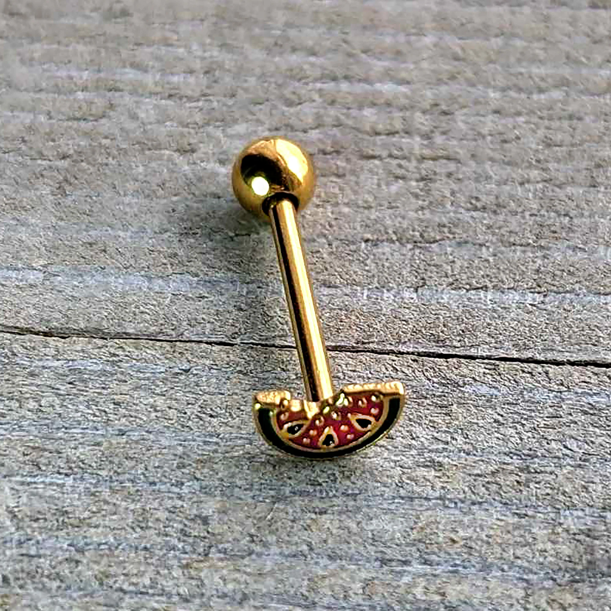 Gold Tone Watermelon Bite Barbell Tongue Ring - Image 6