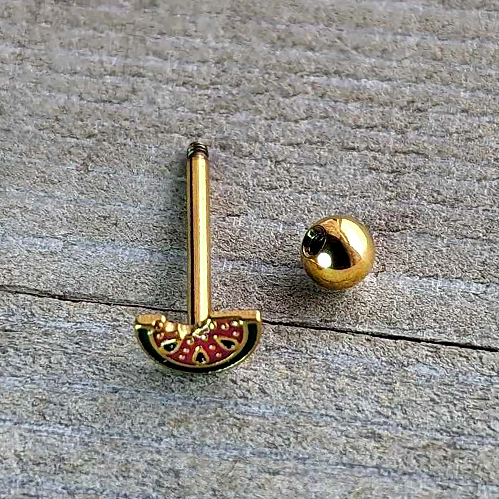 Gold Tone Watermelon Bite Barbell Tongue Ring - Image 7