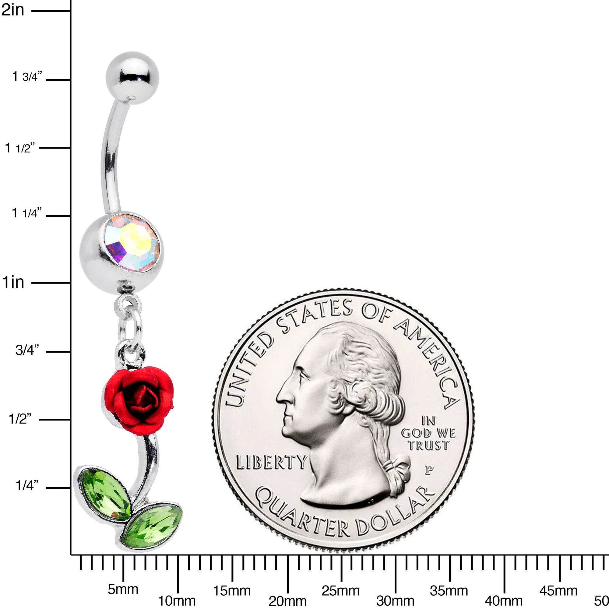 Green Aurora Gem Red Rose Valentines Day Dangle Belly Ring - Image 2