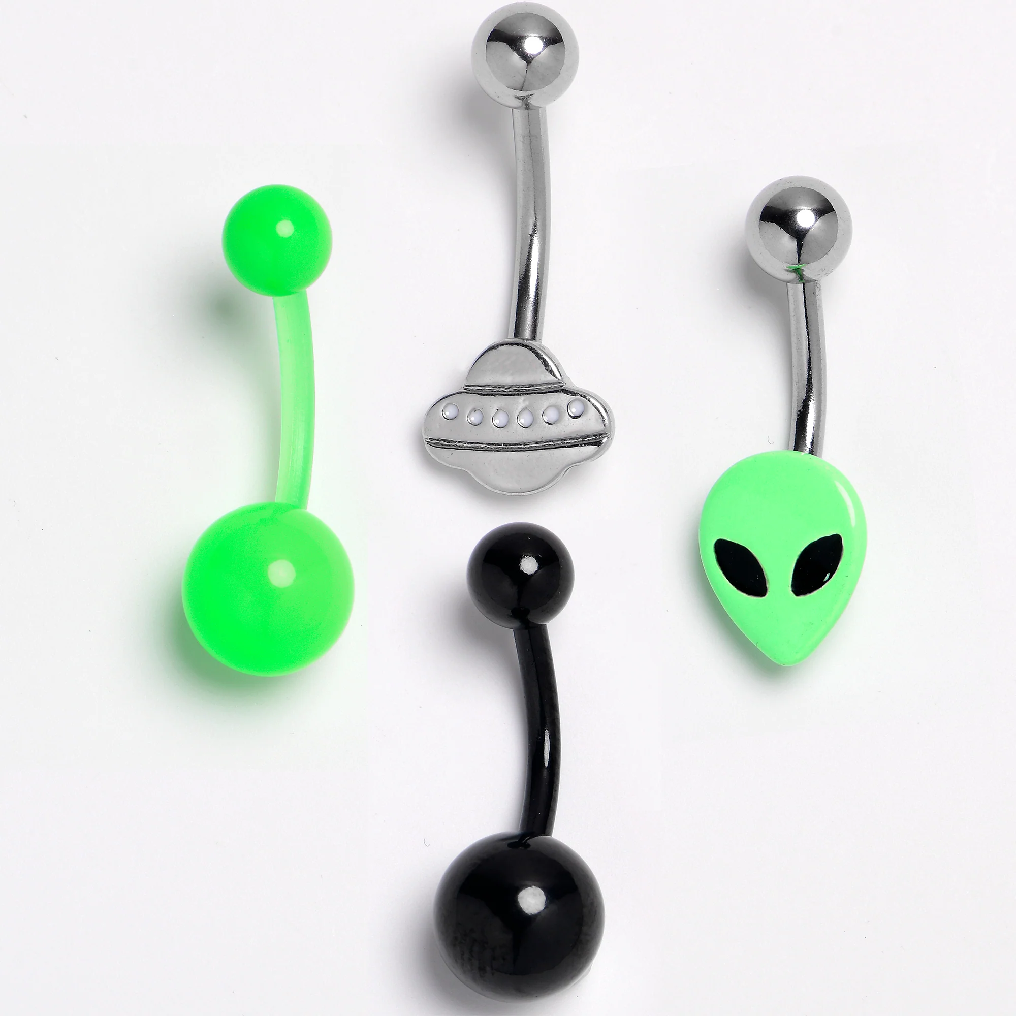 Green Black Alien Spaceship Belly Ring Set of 4