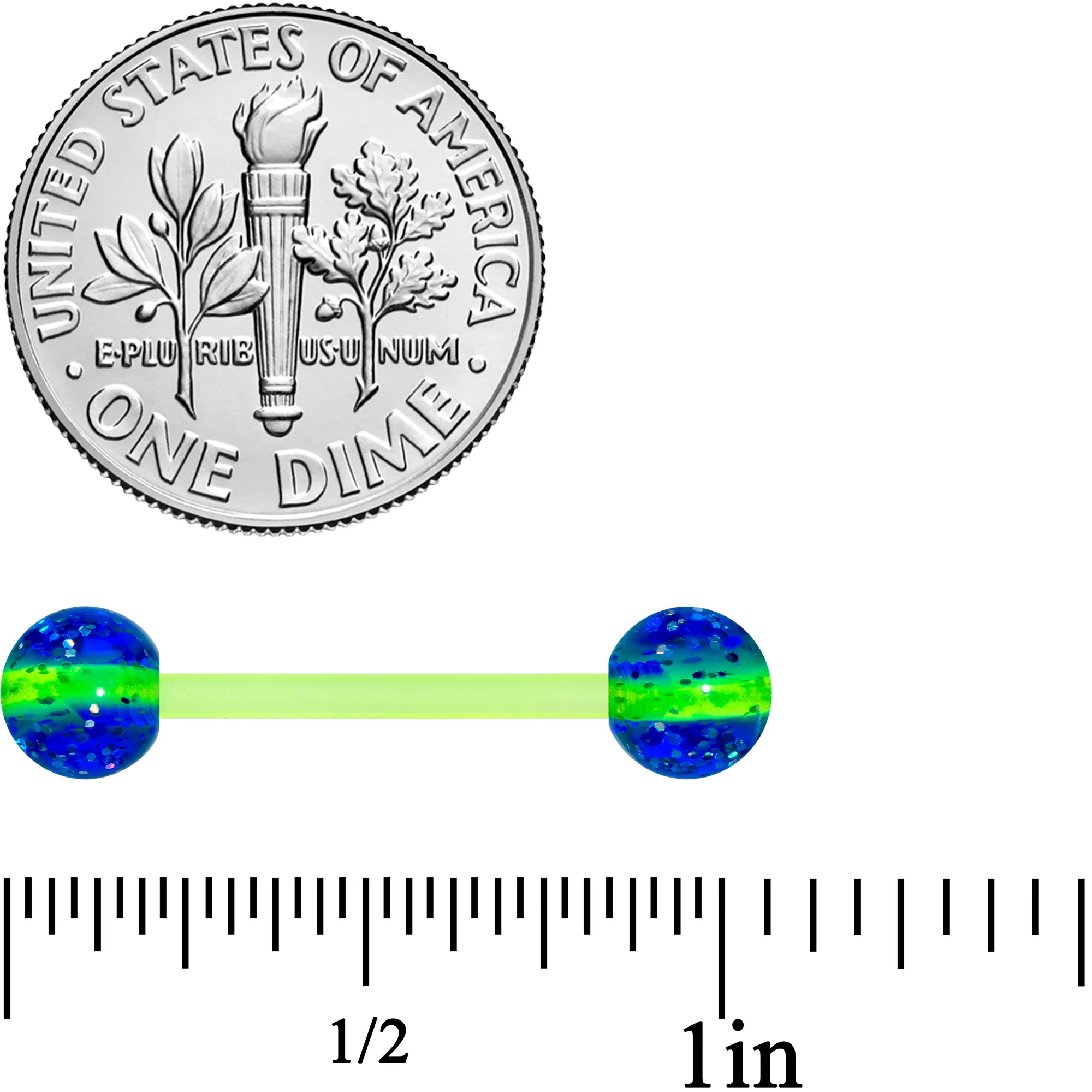 Green Blue UV Glow Flexible Acrylic Barbell Tongue Ring - Image 2