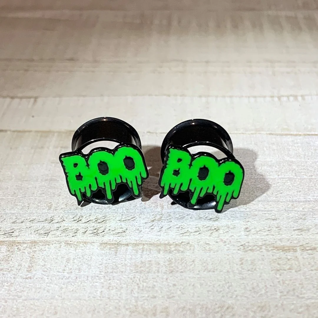 Green Boo Halloween Double Flare Plug Set - Image 2