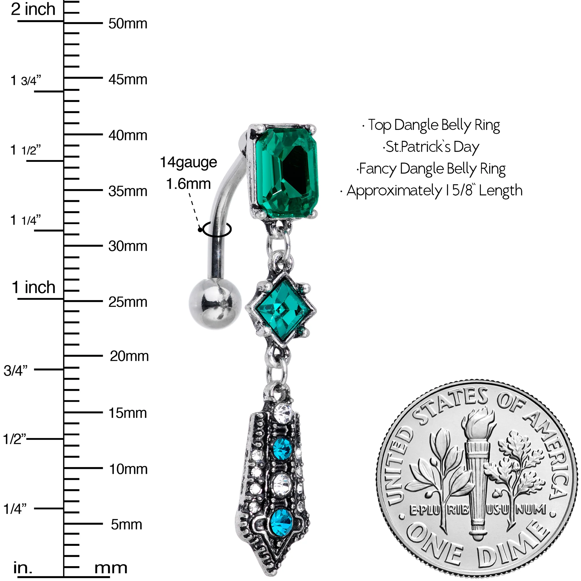 Green Clear Gem Art Deco Geometric Top Mount Dangle Belly Ring - Image 2
