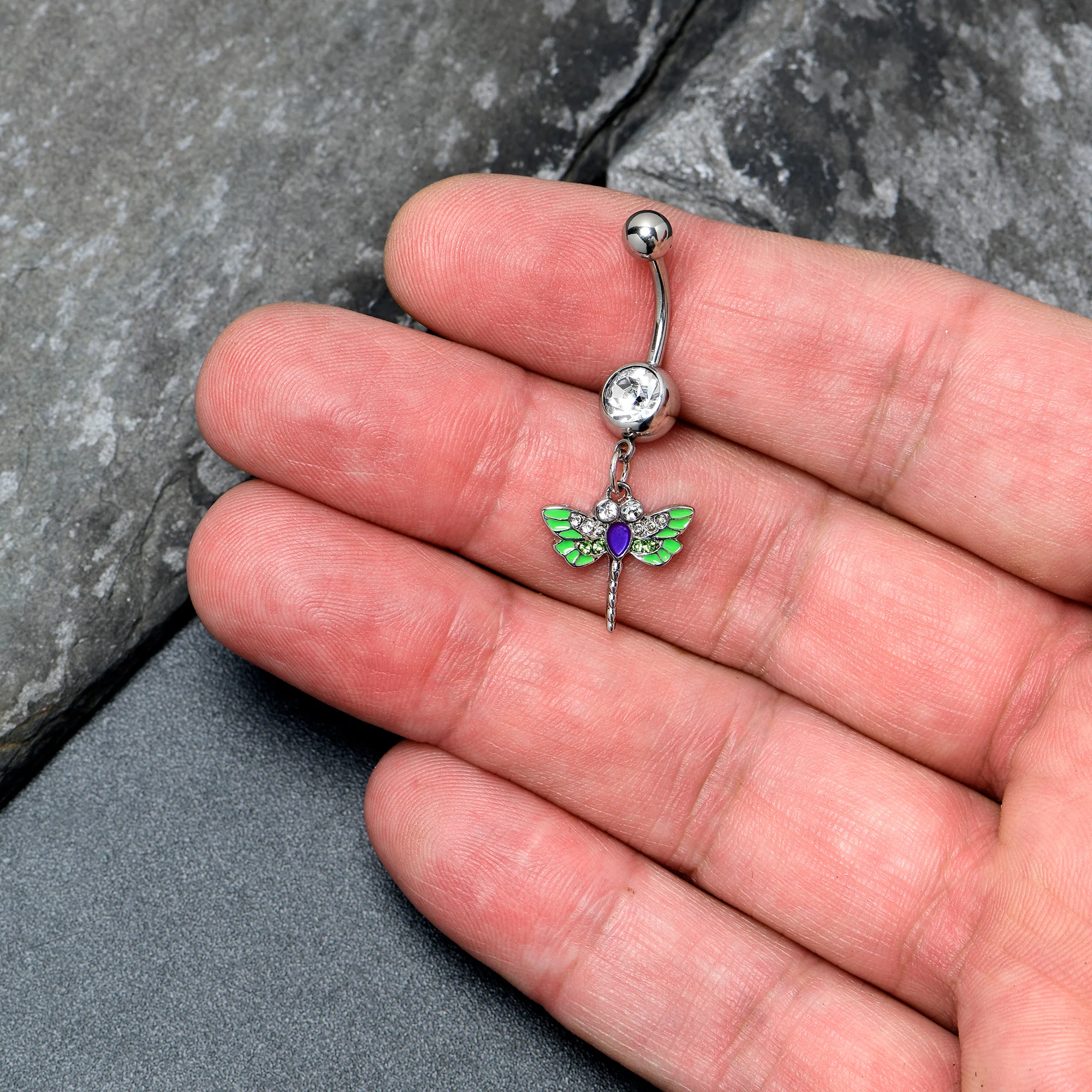 Green Clear Gem Bright Dragonfly Blue Dangle Belly Ring - Image 2