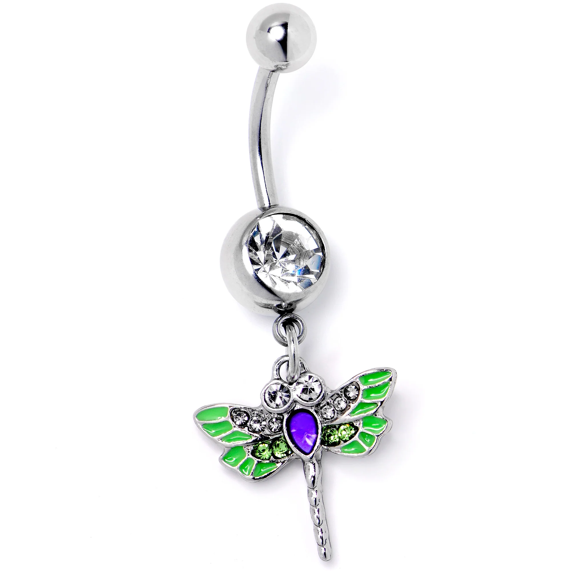 Green Clear Gem Bright Dragonfly Blue Dangle Belly Ring - Image 3