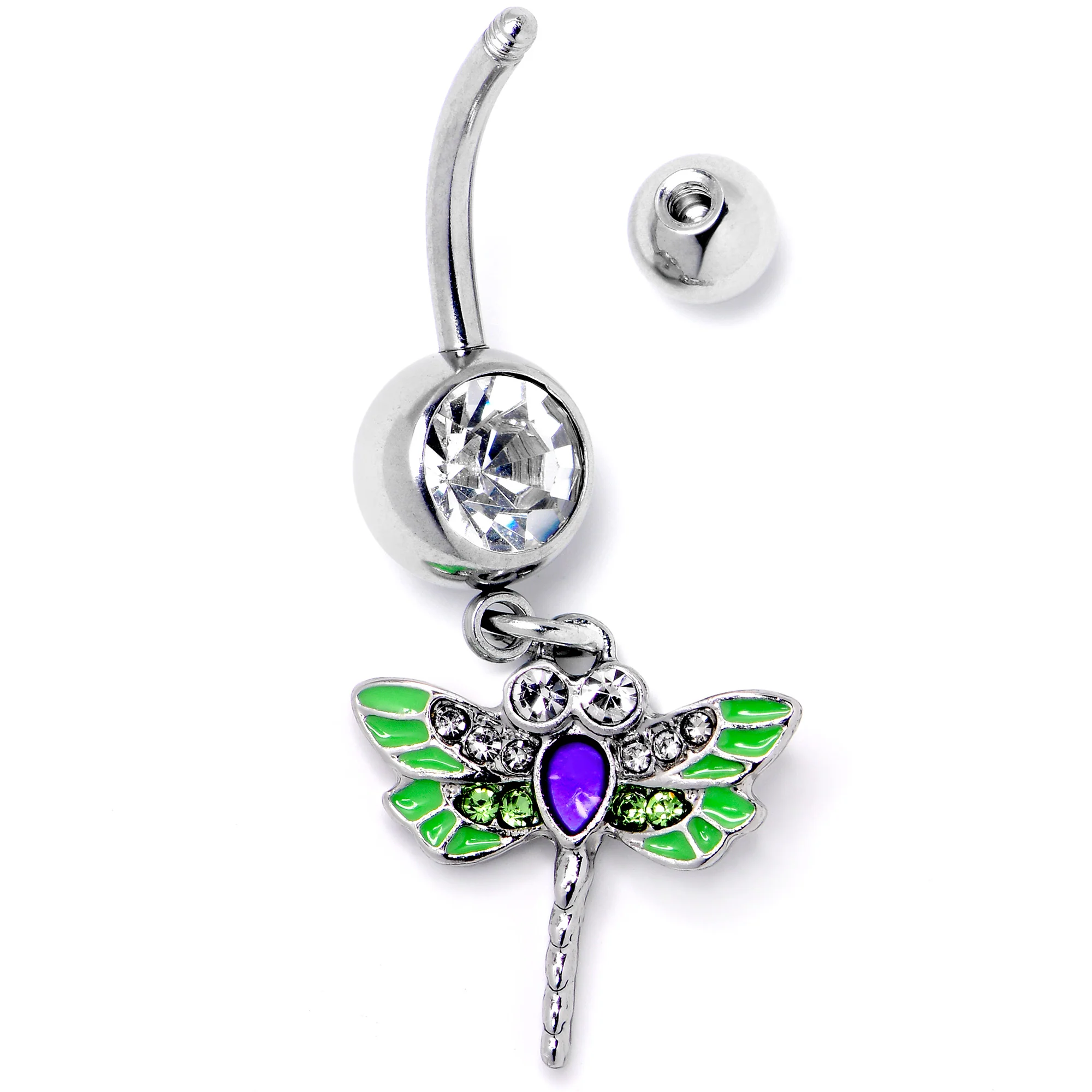 Green Clear Gem Bright Dragonfly Blue Dangle Belly Ring - Image 4