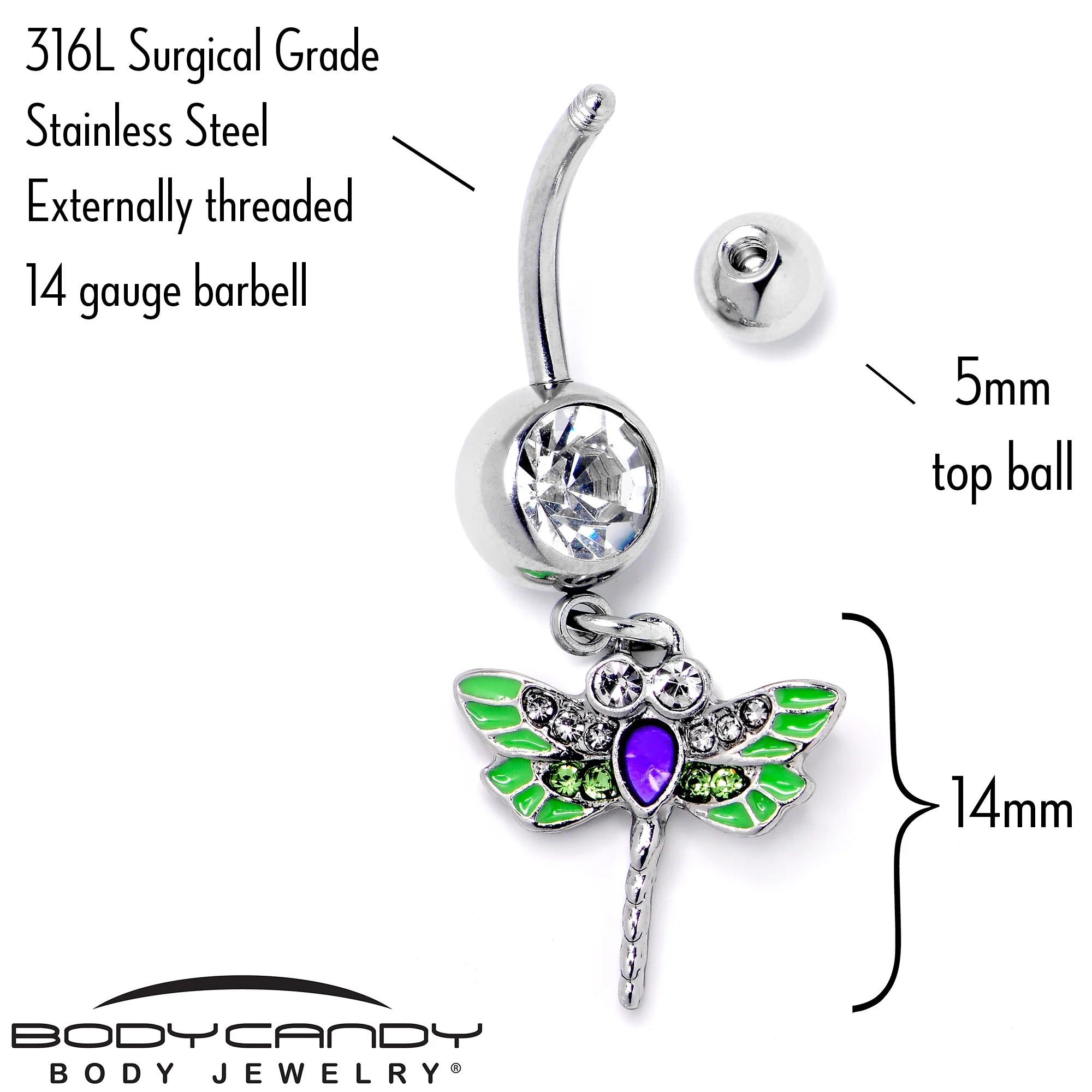 Green Clear Gem Bright Dragonfly Blue Dangle Belly Ring - Image 5