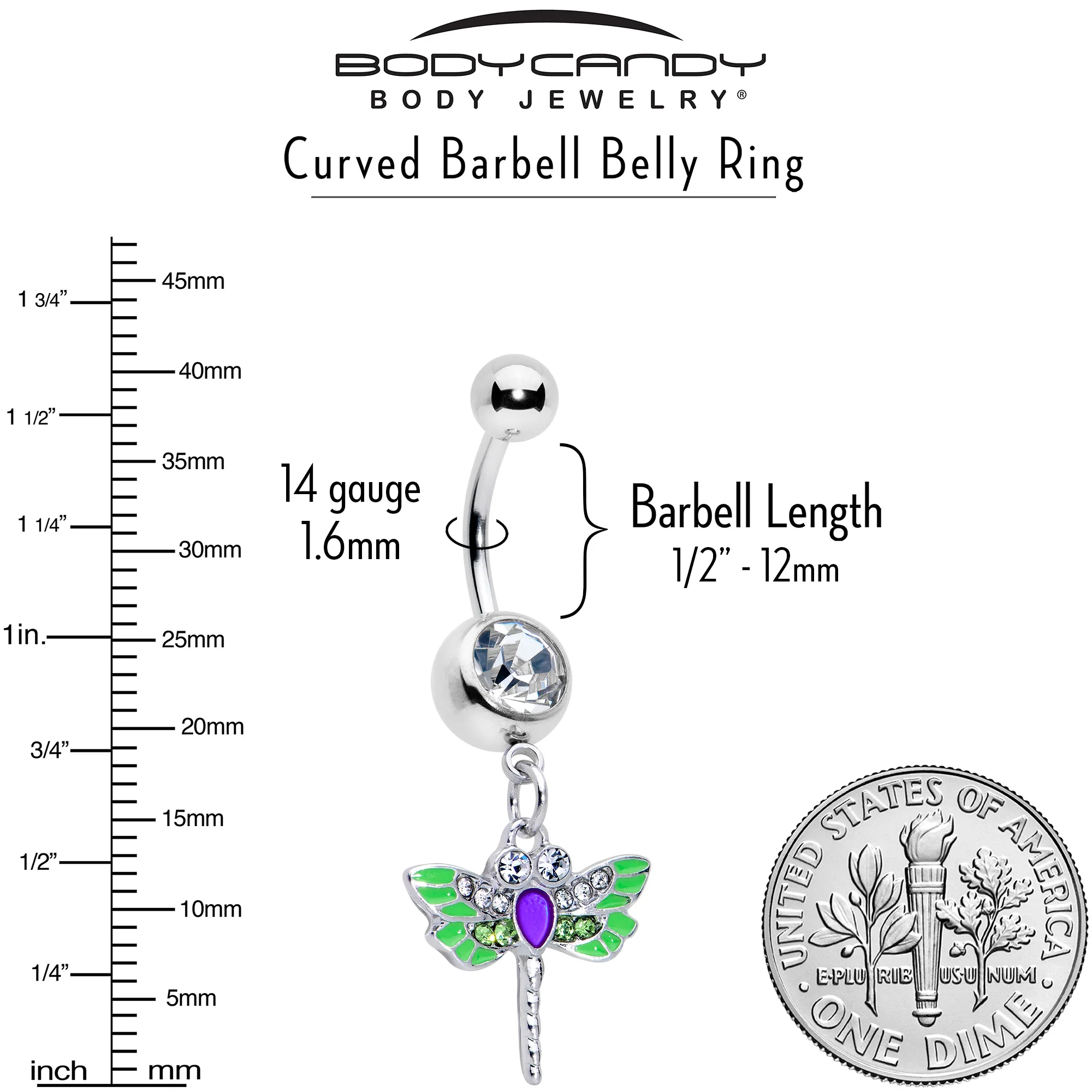 Green Clear Gem Bright Dragonfly Blue Dangle Belly Ring - Image 6