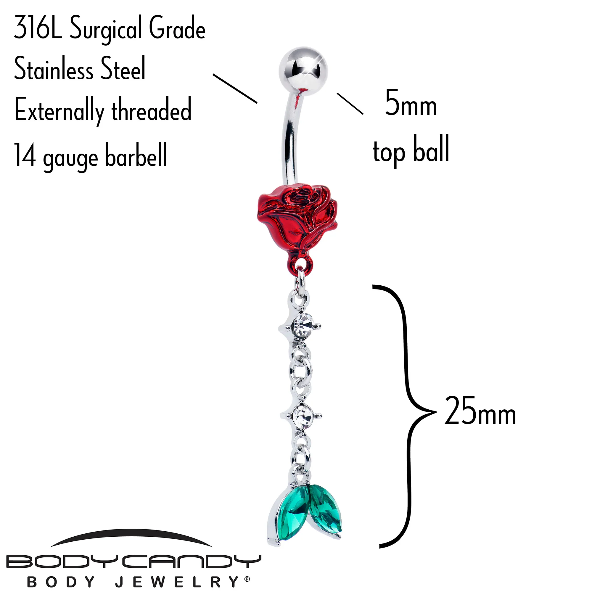 Green Clear Gem Rose Red Chain Dangle Belly Ring - Image 2