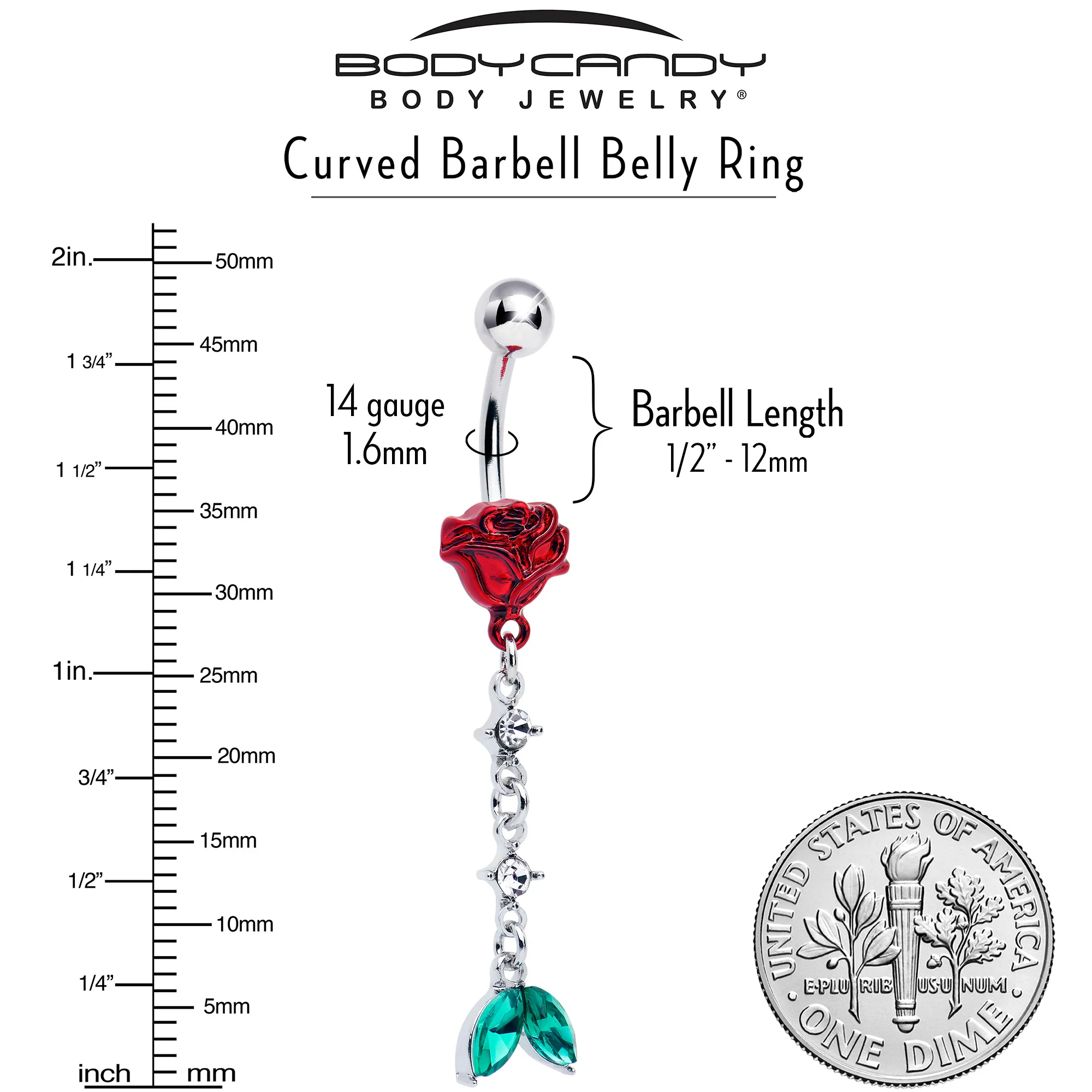 Green Clear Gem Rose Red Chain Dangle Belly Ring - Image 3