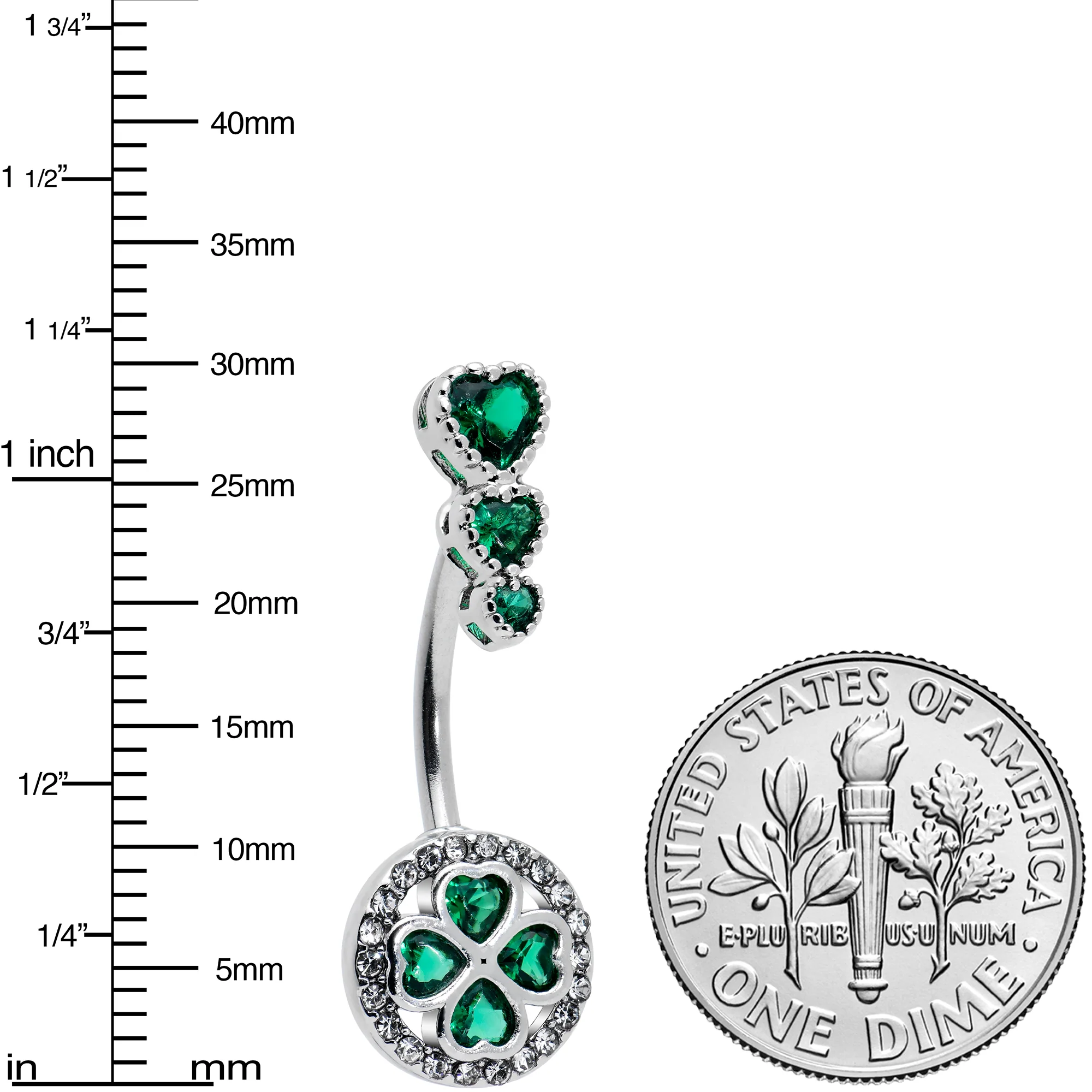 Green Clear Gem Triple Drop Heart Shamrock Double Mount Belly Ring - Image 3
