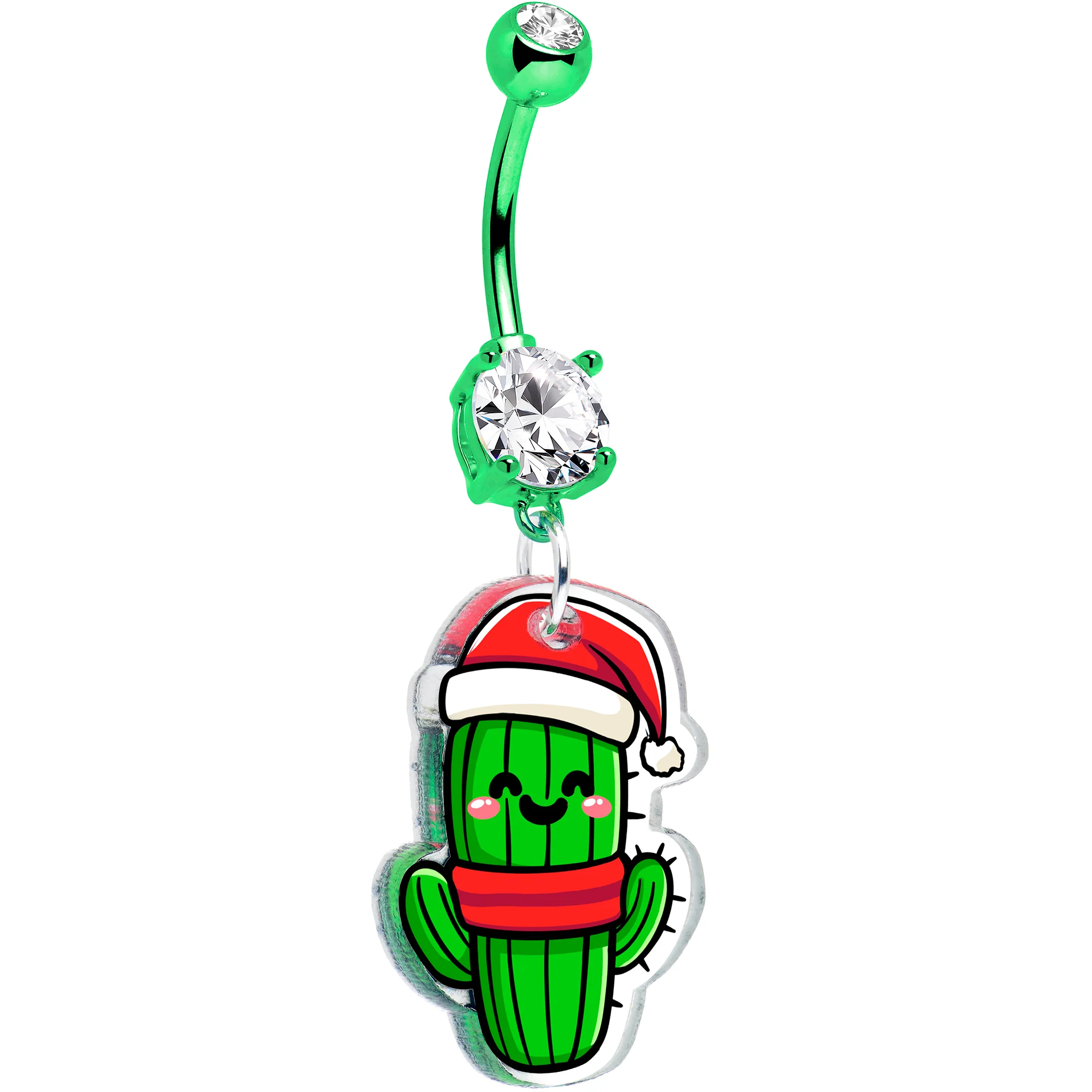 Green Double Gem Christmas Cactus Dangle Holiday Belly Ring by Onyx O