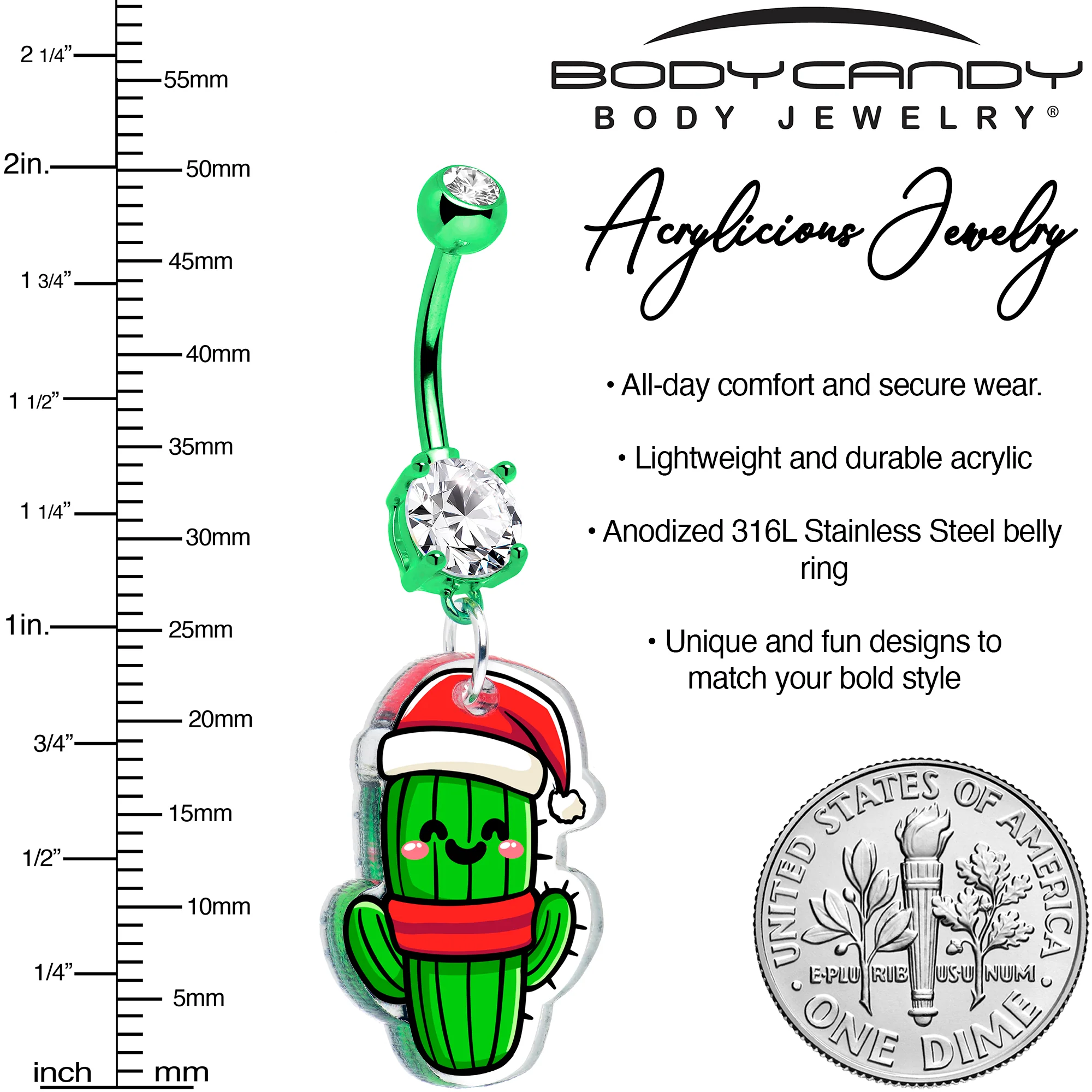 Green Double Gem Christmas Cactus Dangle Holiday Belly Ring by Onyx O - Image 2