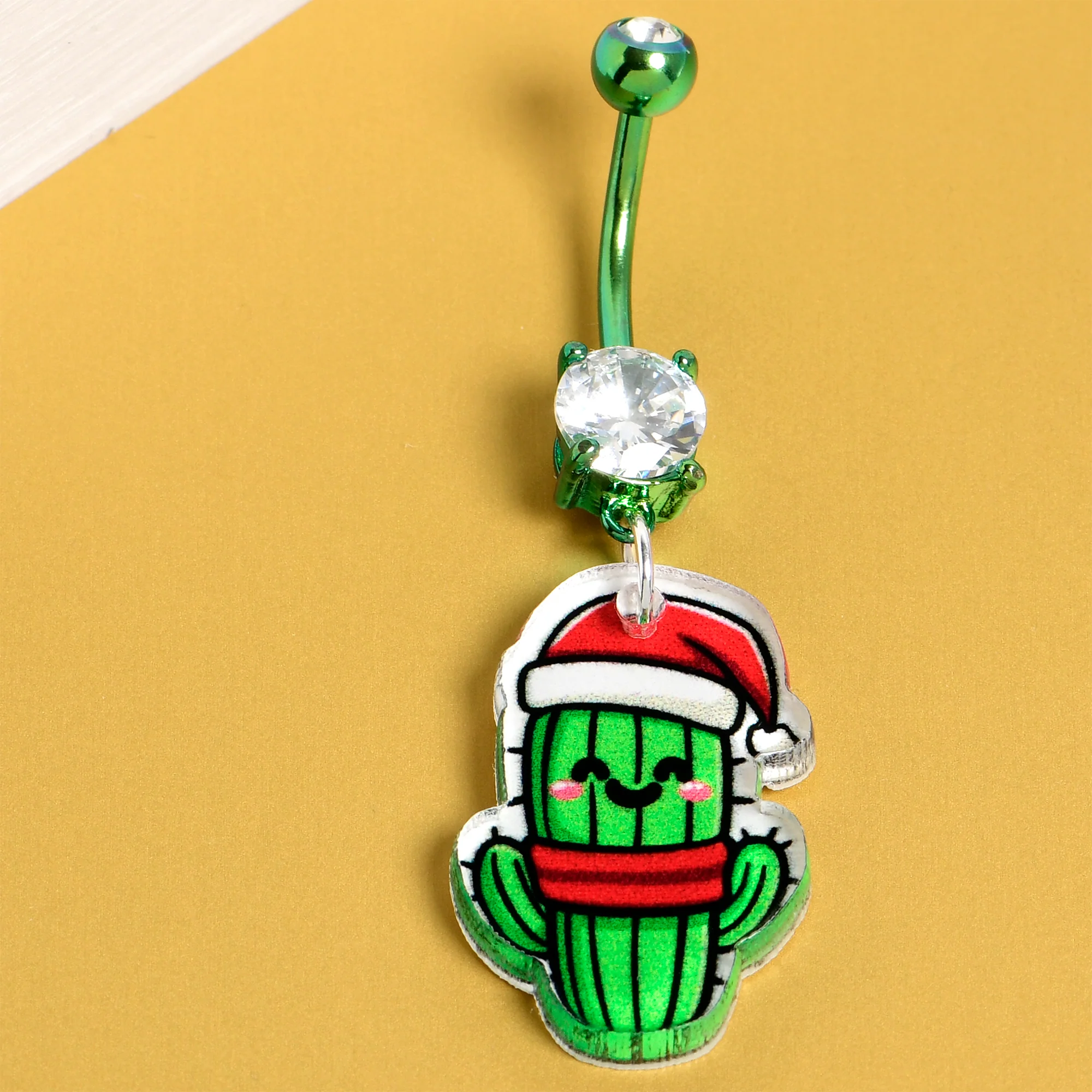 Green Double Gem Christmas Cactus Dangle Holiday Belly Ring by Onyx O - Image 4