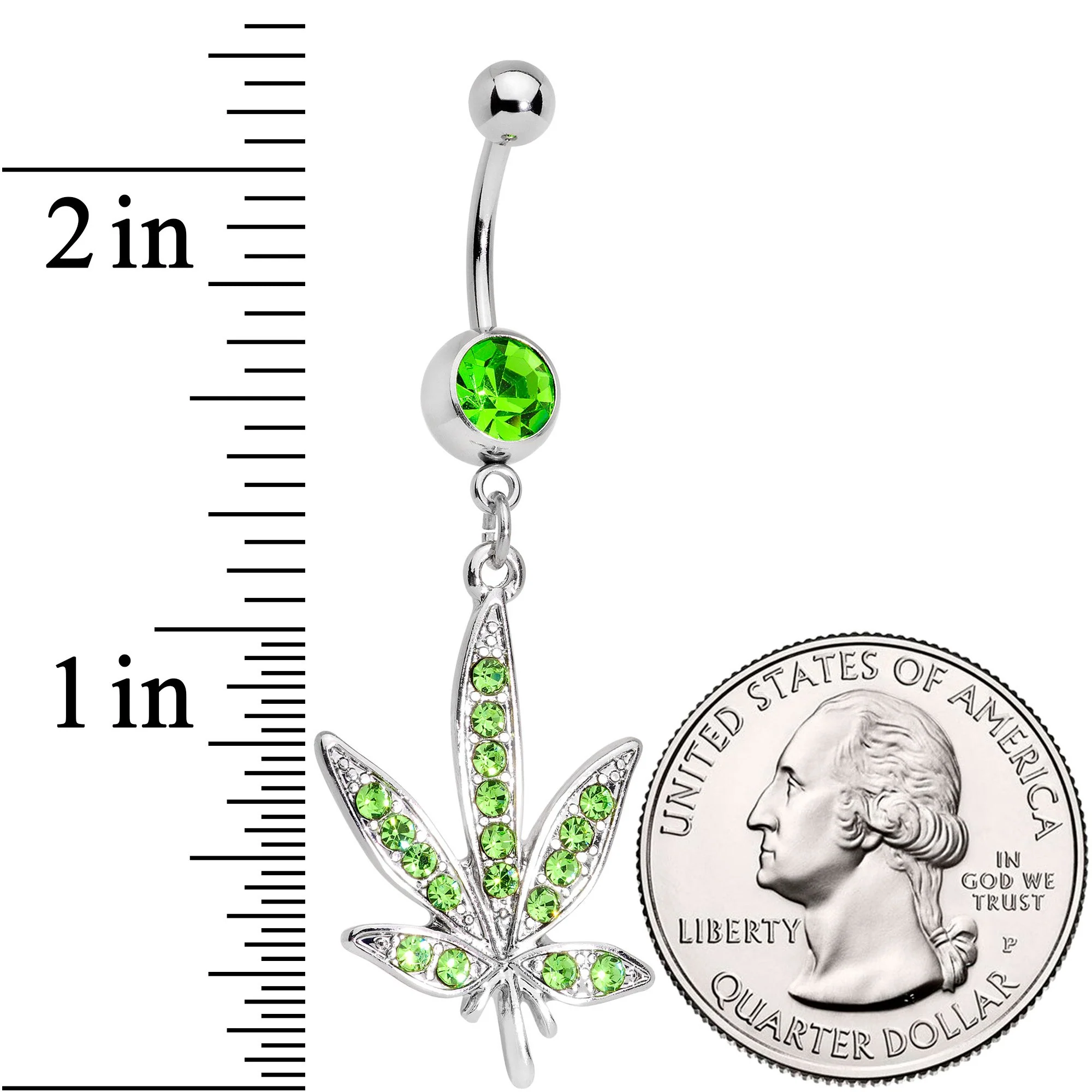 Green Gem 420 Somewhere Marijuana Dangle Belly Ring - Image 3