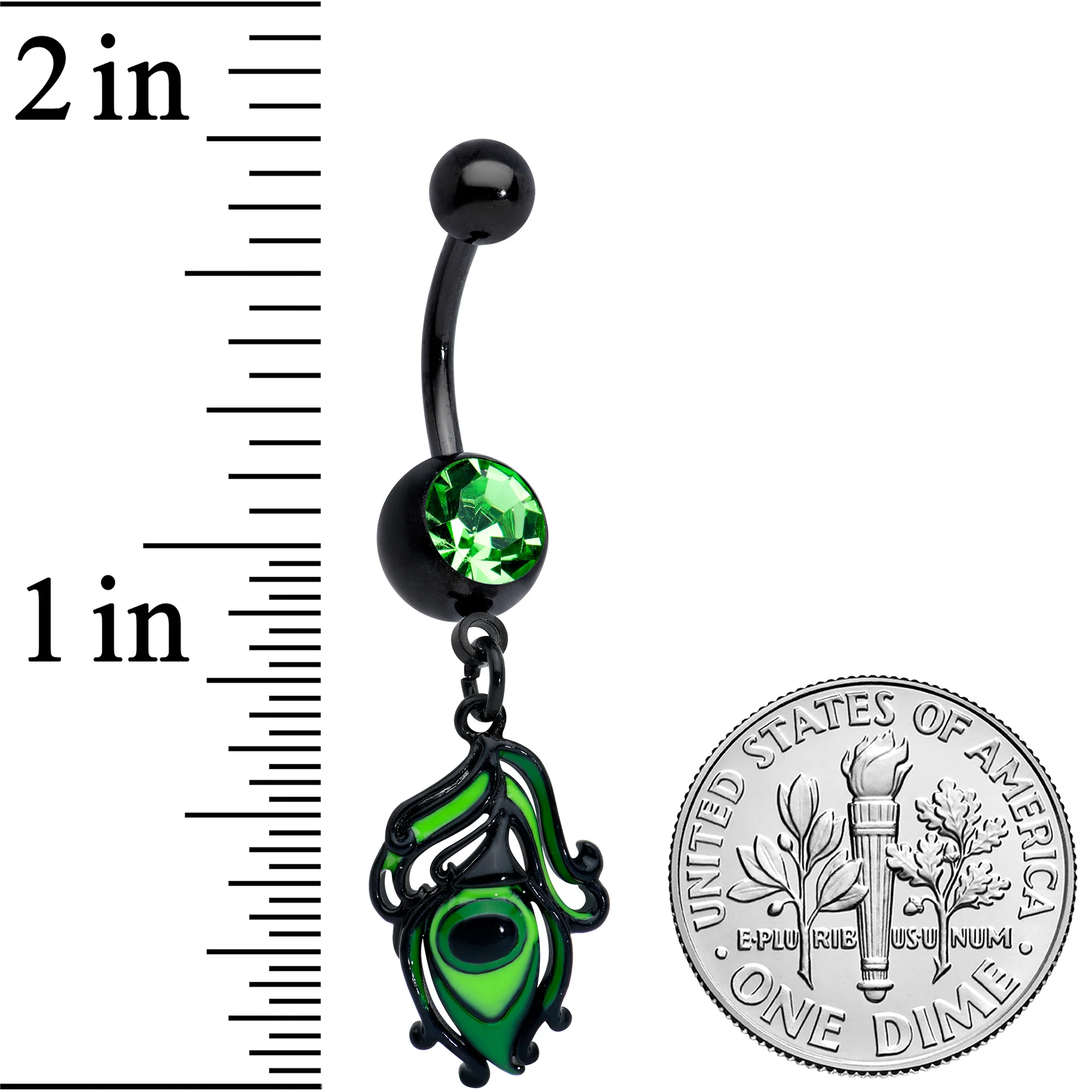 Green Gem Black Striking Peacock Feather Dangle Belly Ring - Image 2