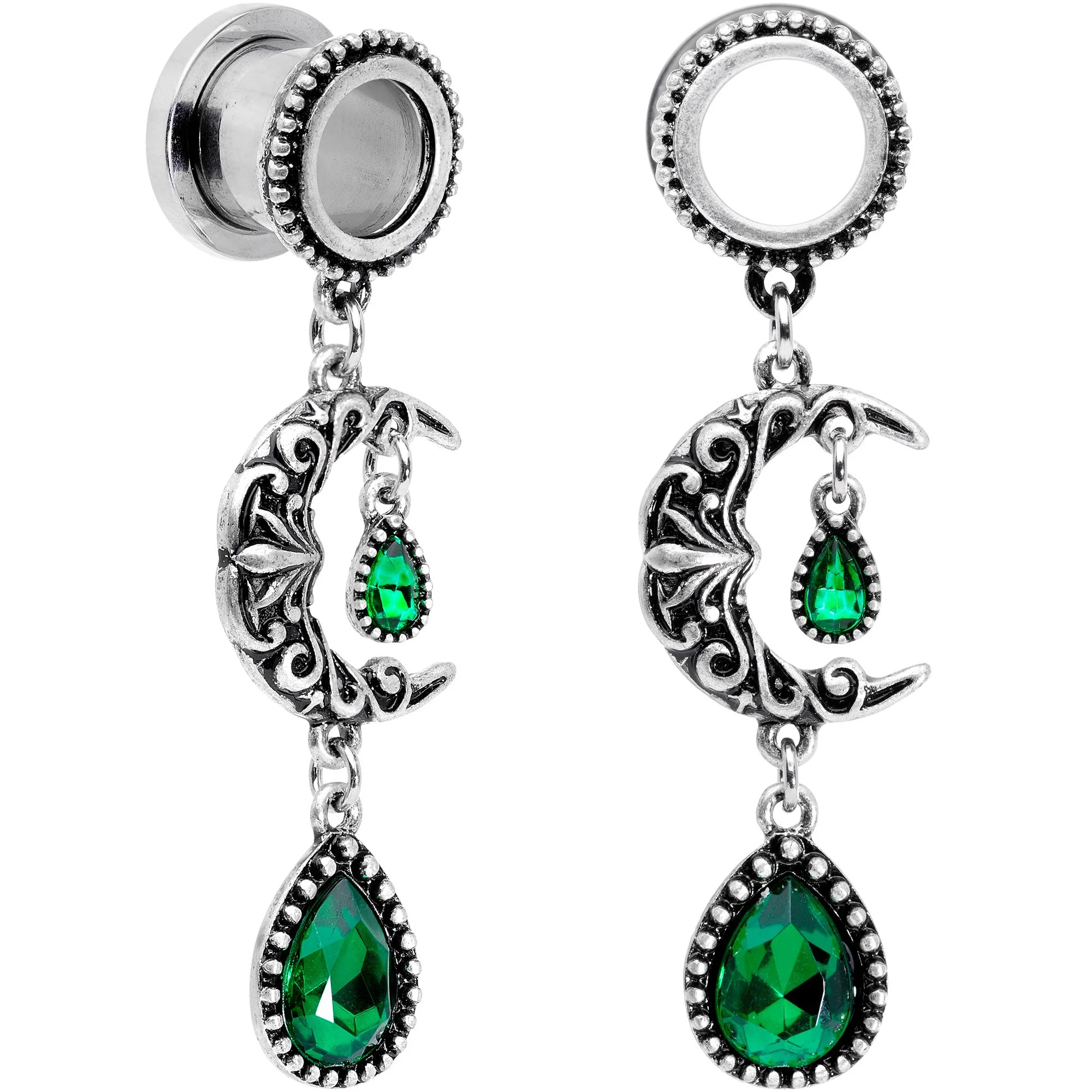 Green Gem Crescent Moon Dangle Screw Fit Tunnel Plug Set 6mm to 16mm - Image 5
