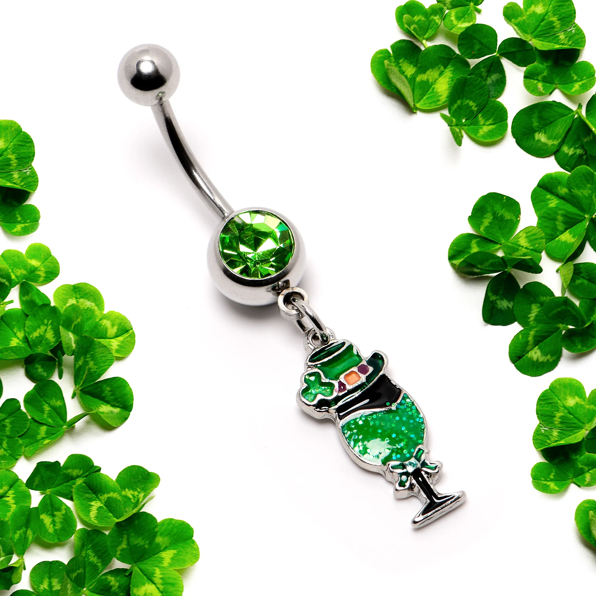 Green Gem Fancy Leprechaun St Patricks Dangle Belly Ring - Image 4