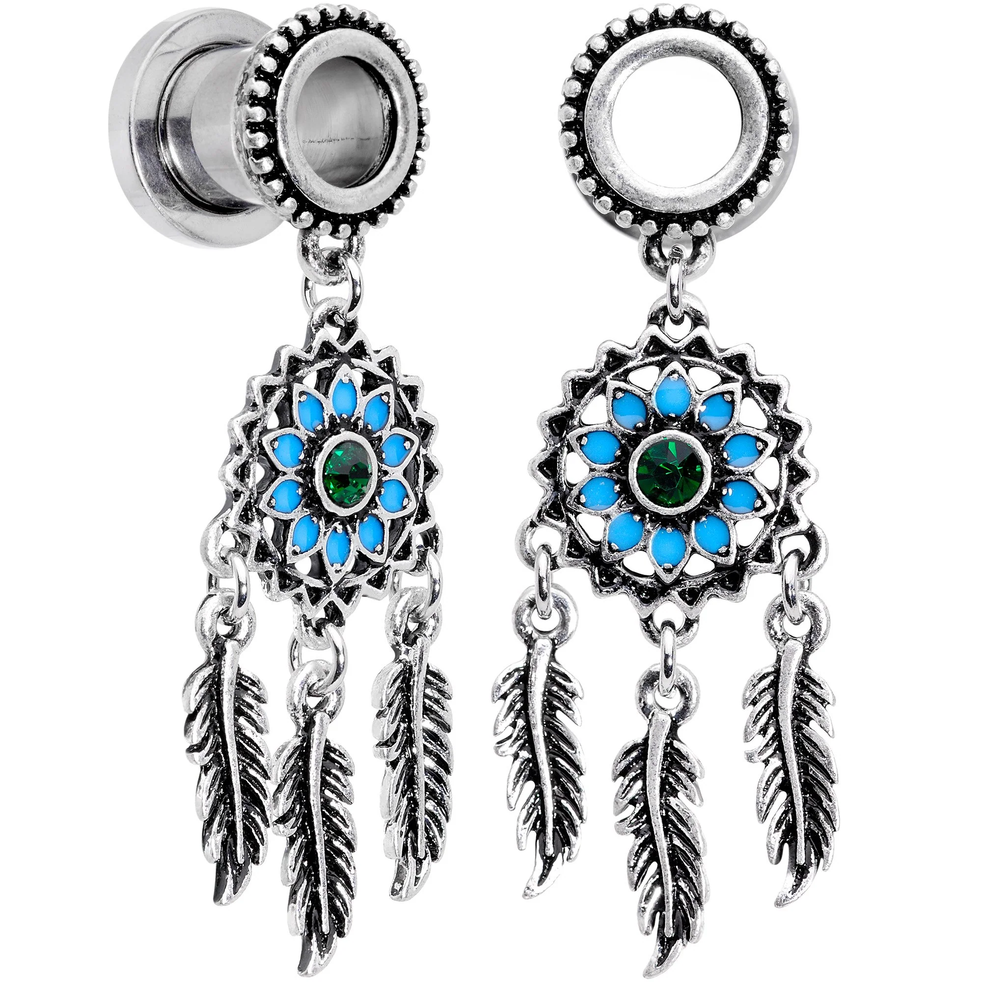 Green Gem Feather Dreamcatcher Screw Fit Tunnel Plug Set - Image 6