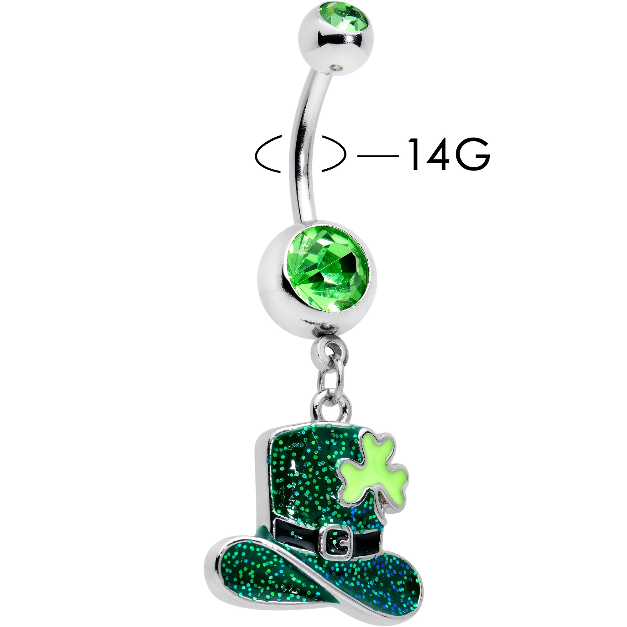 Green Gem Glitter Top Hat Shamrock St Patricks Day Dangle Belly Ring - Image 2