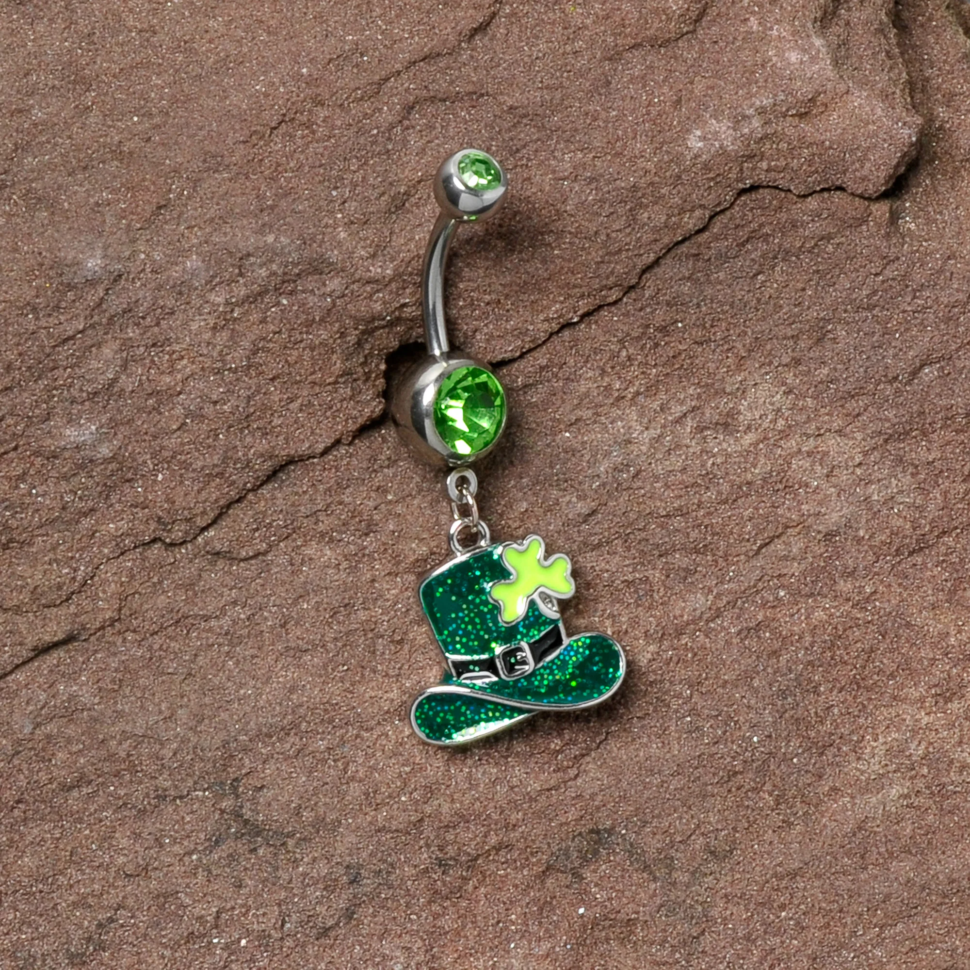 Green Gem Glitter Top Hat Shamrock St Patricks Day Dangle Belly Ring - Image 6