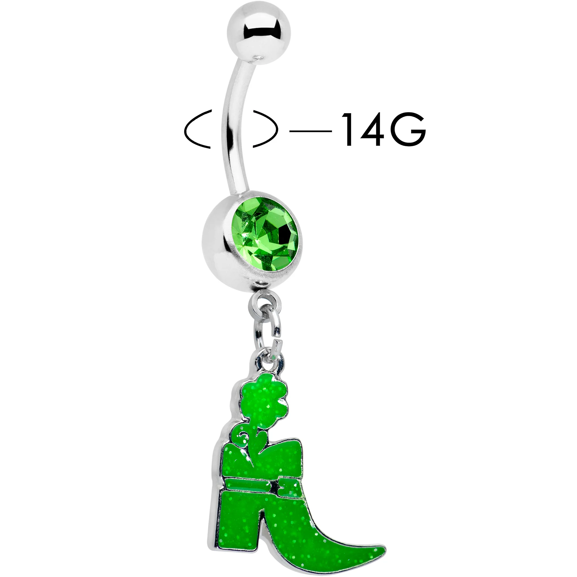 Green Gem Glow in Dark Leprechaun Boot St Patricks Dangle Belly Ring - Image 2