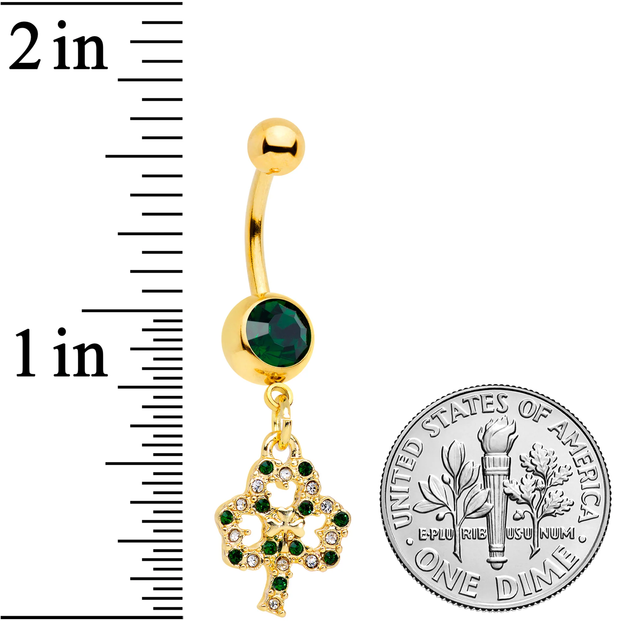Green Gem Gold Tone Double Shamrock St Patricks Day Dangle Belly Ring - Image 2
