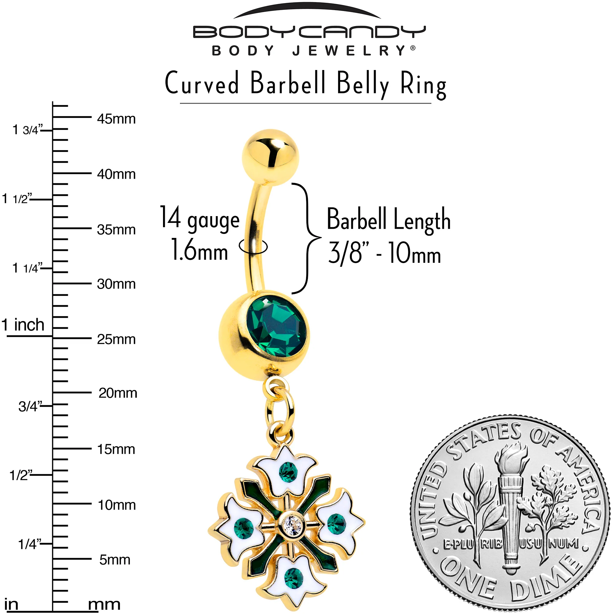Green Gem Gold Tone Flower Wreath Dangle Belly Ring - Image 3