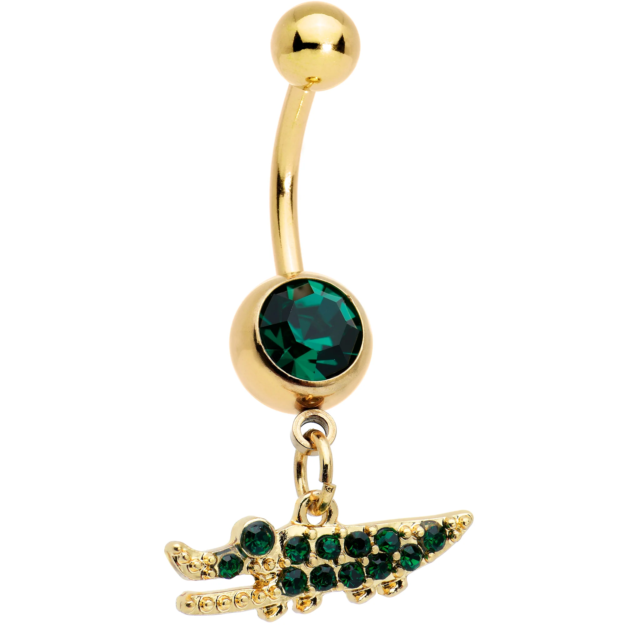 Green Gem Gold Tone Gator Palm Tree Dangle Belly Ring Set of 2 - Image 2