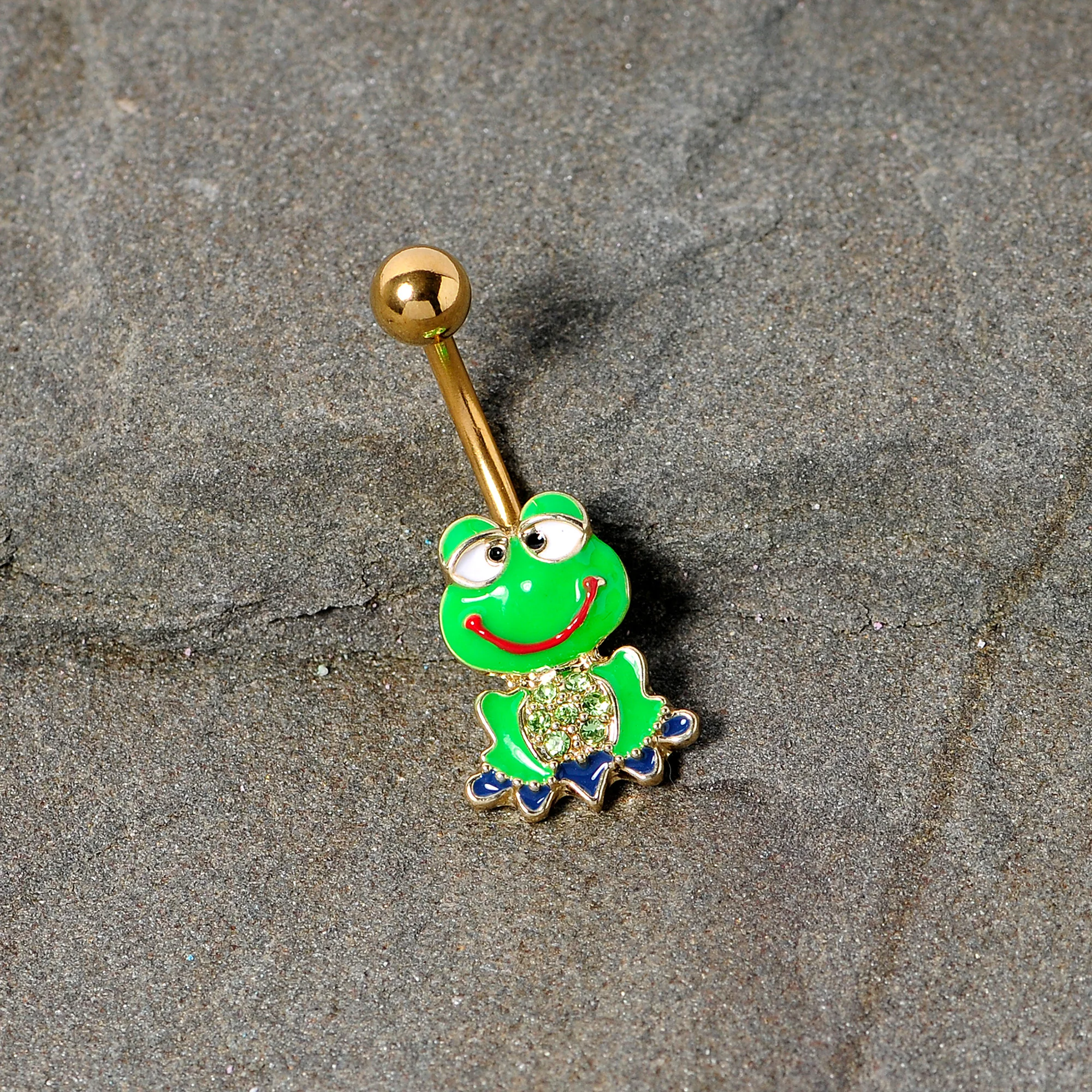 Green Gem Gold Tone Green Goofy Frog Belly Ring - Image 2
