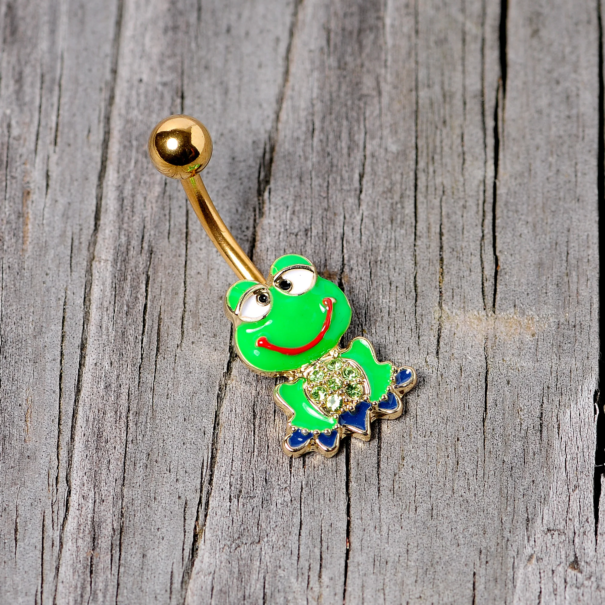 Green Gem Gold Tone Green Goofy Frog Belly Ring - Image 3
