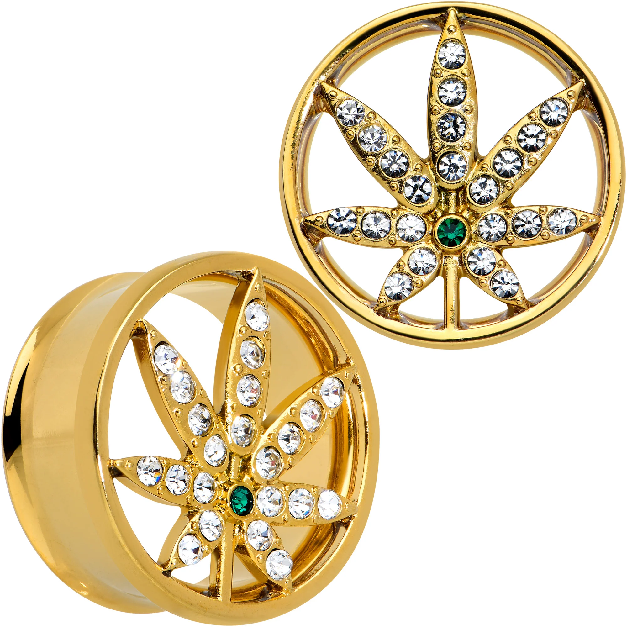Green Gem Gold Tone Pot Leaf Double Flare Tunnel Plug Set - Image 10