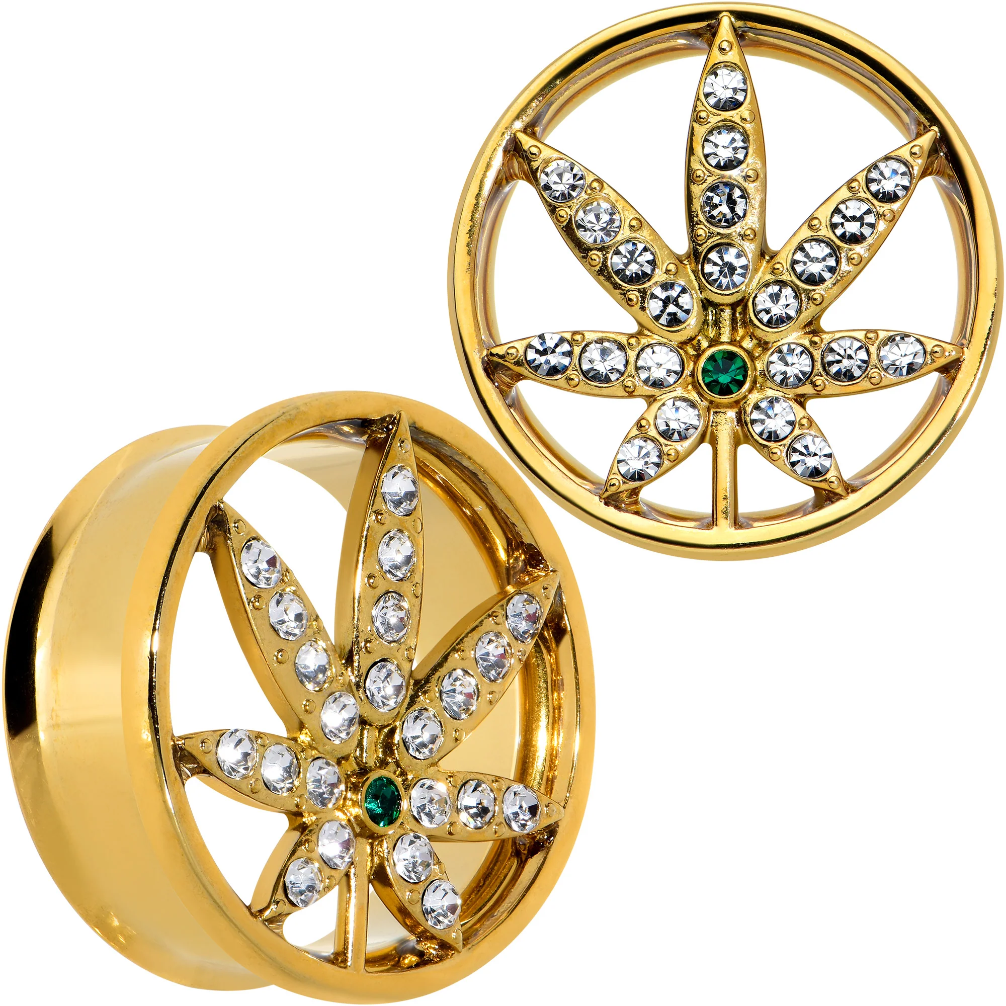 Green Gem Gold Tone Pot Leaf Double Flare Tunnel Plug Set - Image 11