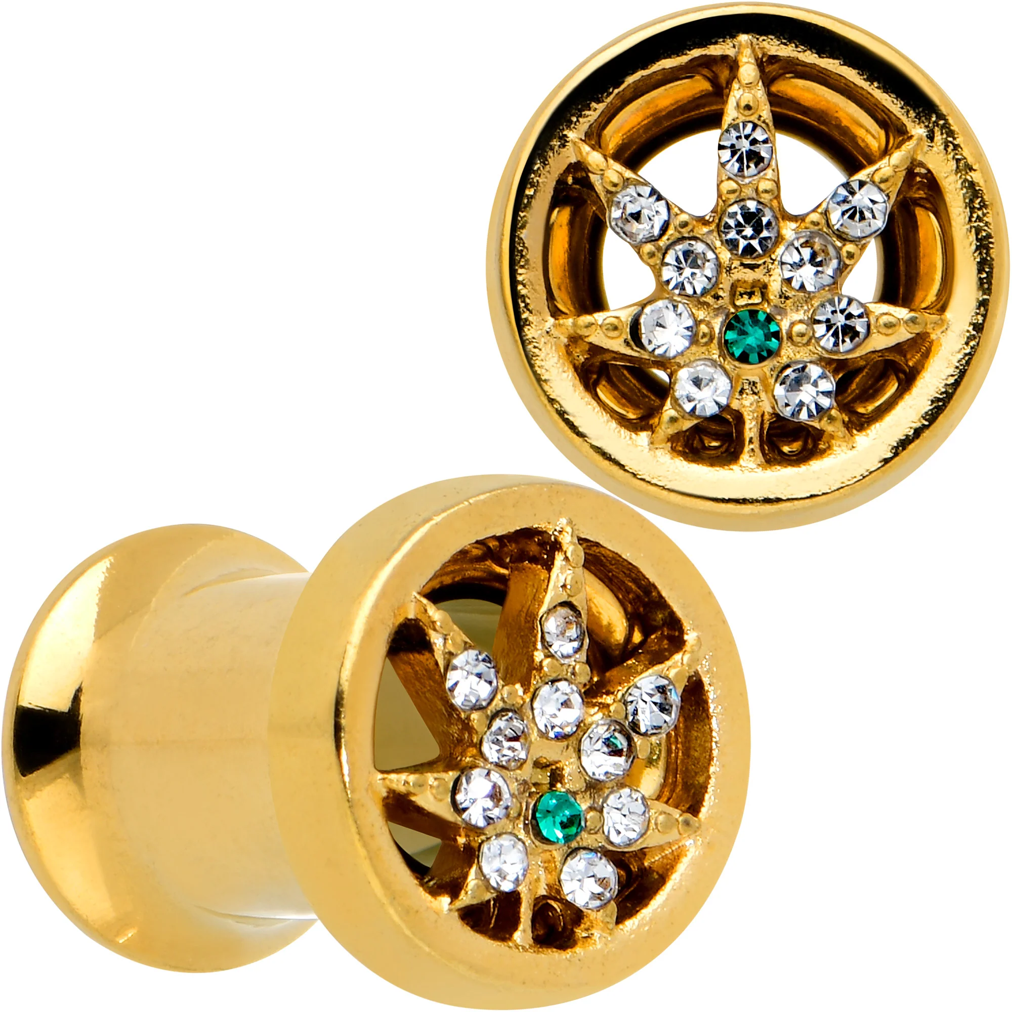 Green Gem Gold Tone Pot Leaf Double Flare Tunnel Plug Set - Image 12