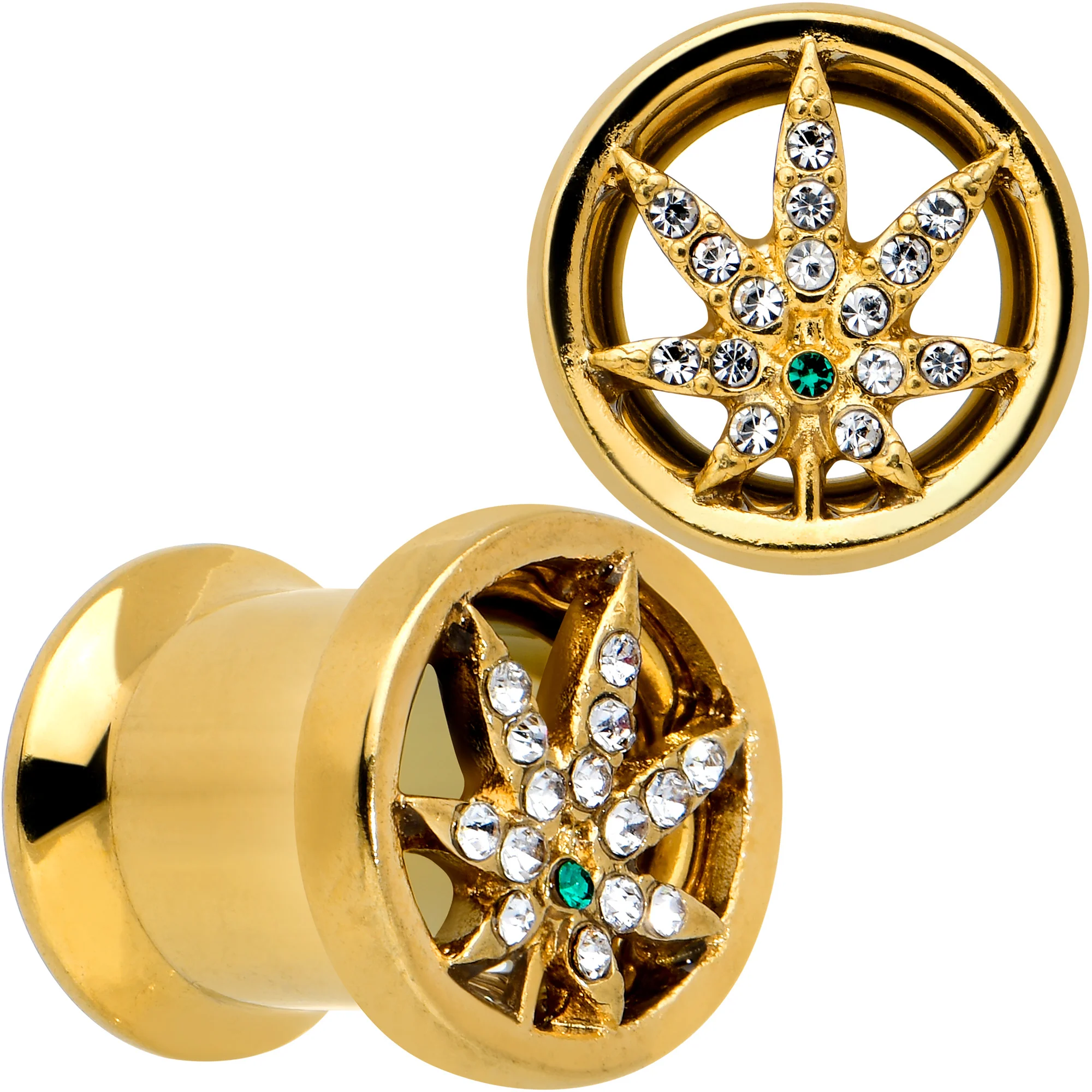 Green Gem Gold Tone Pot Leaf Double Flare Tunnel Plug Set - Image 13
