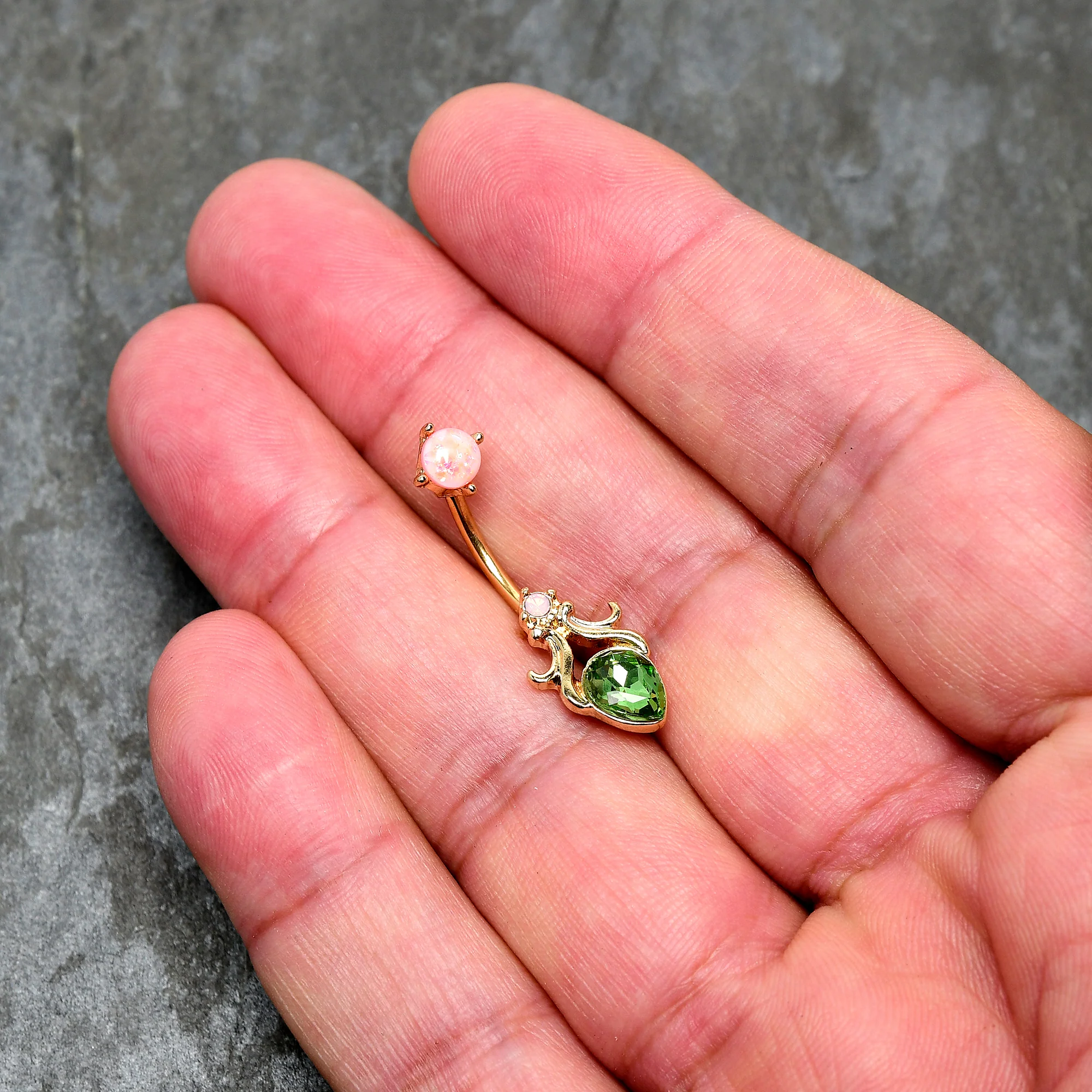 Green Gem Gold Tone Shades of Spring Double Mount Belly Ring - Image 2