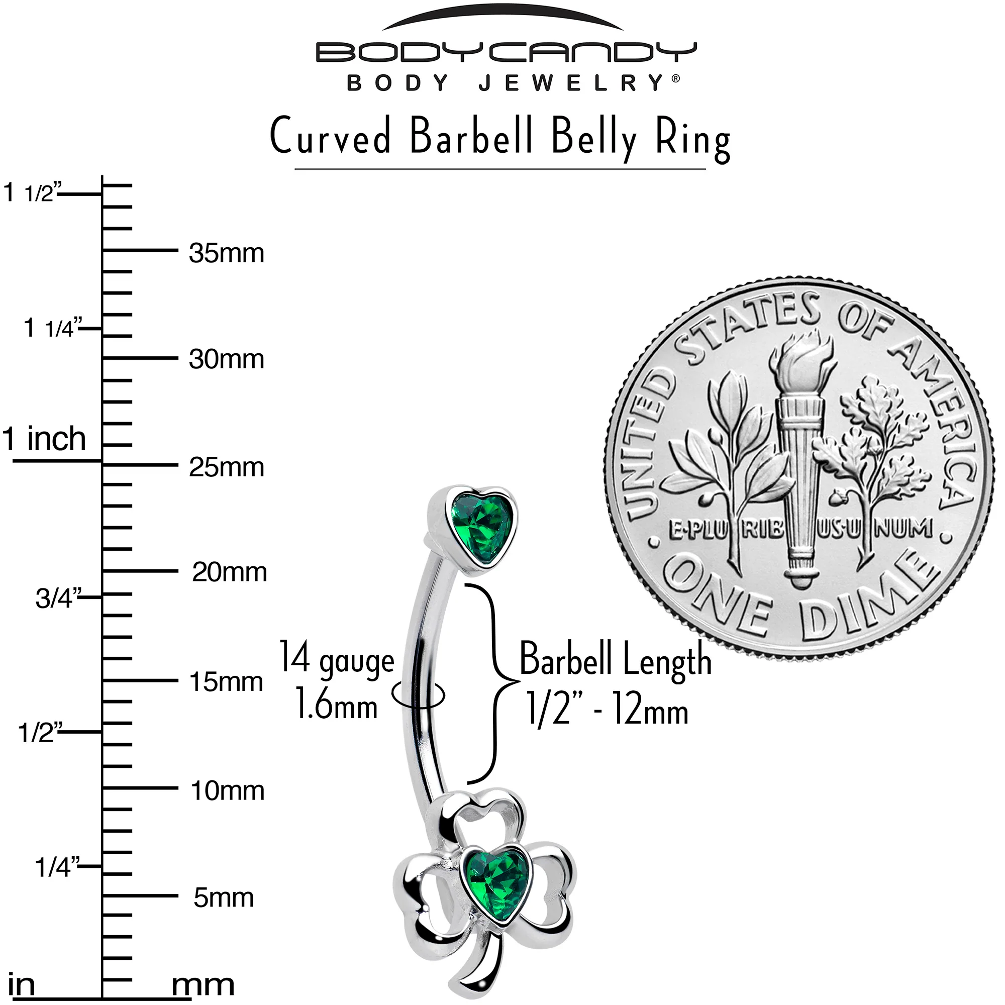 Green Gem Heart Shamrock St Patricks Day Double Mount Belly Ring - Image 3