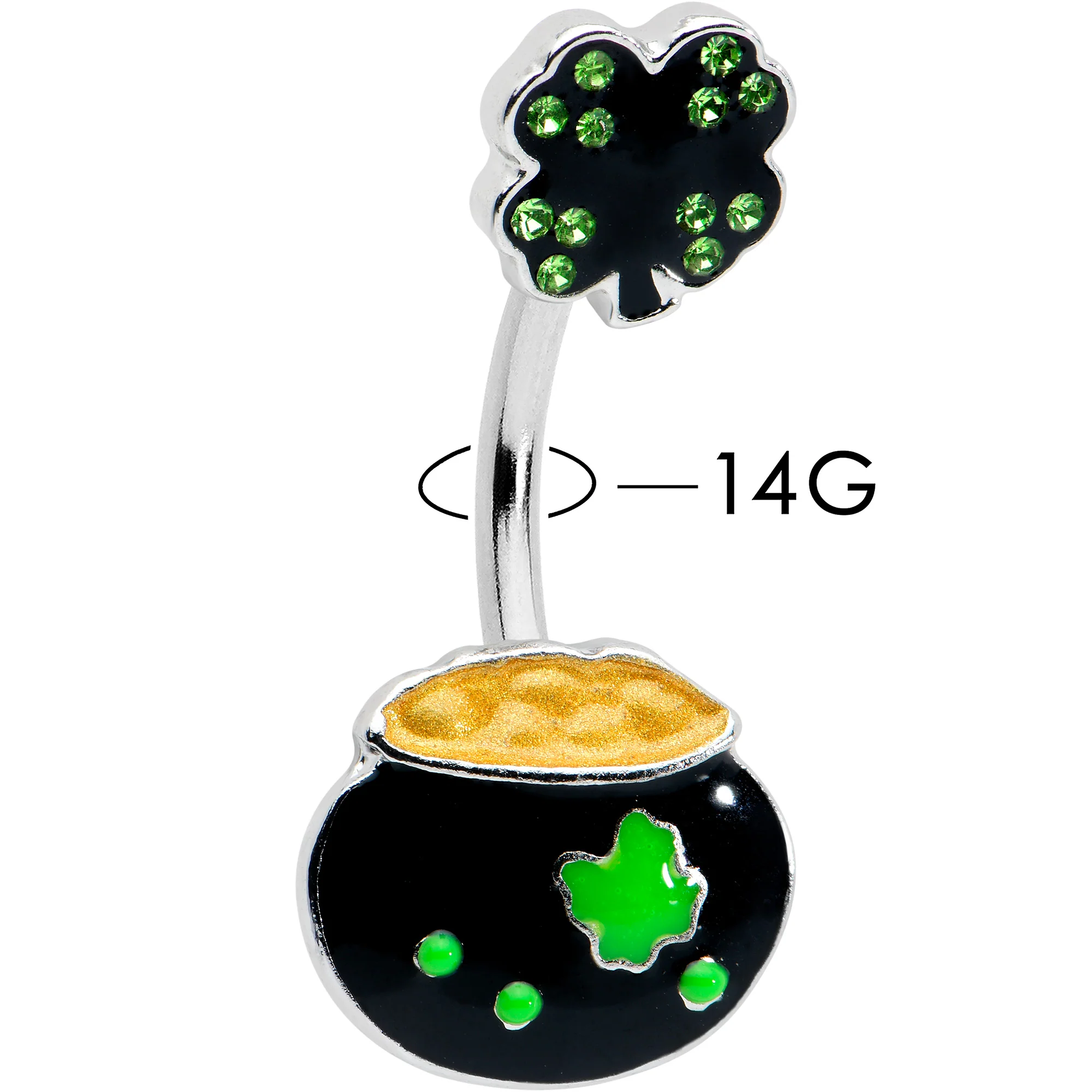 Green Gem Shamrock Pot Of Gold Black Double Mount Belly Ring - Image 2
