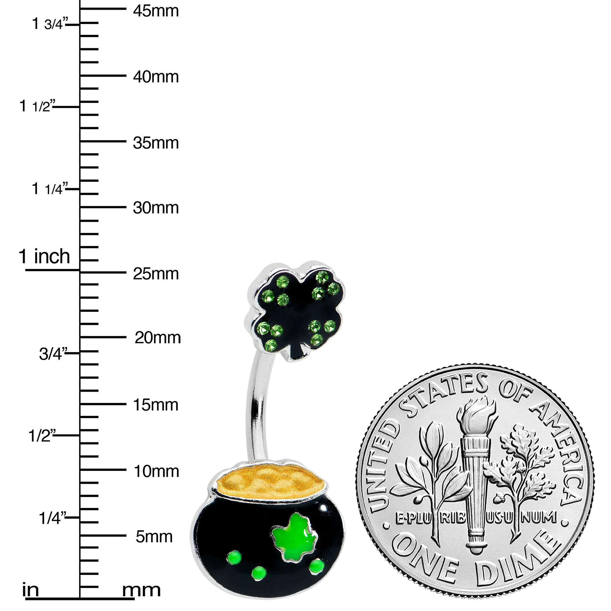 Green Gem Shamrock Pot Of Gold Black Double Mount Belly Ring - Image 3