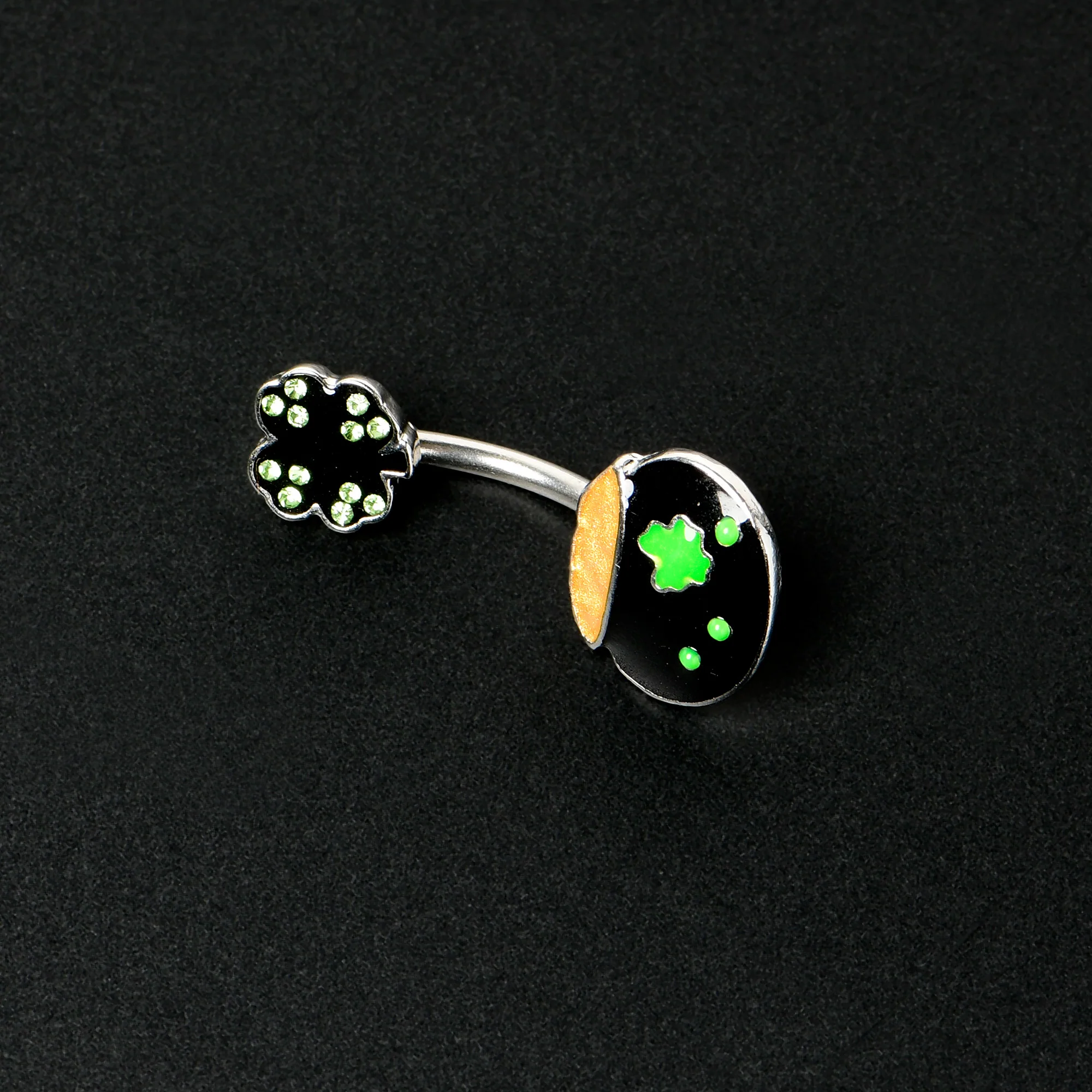 Green Gem Shamrock Pot Of Gold Black Double Mount Belly Ring - Image 4
