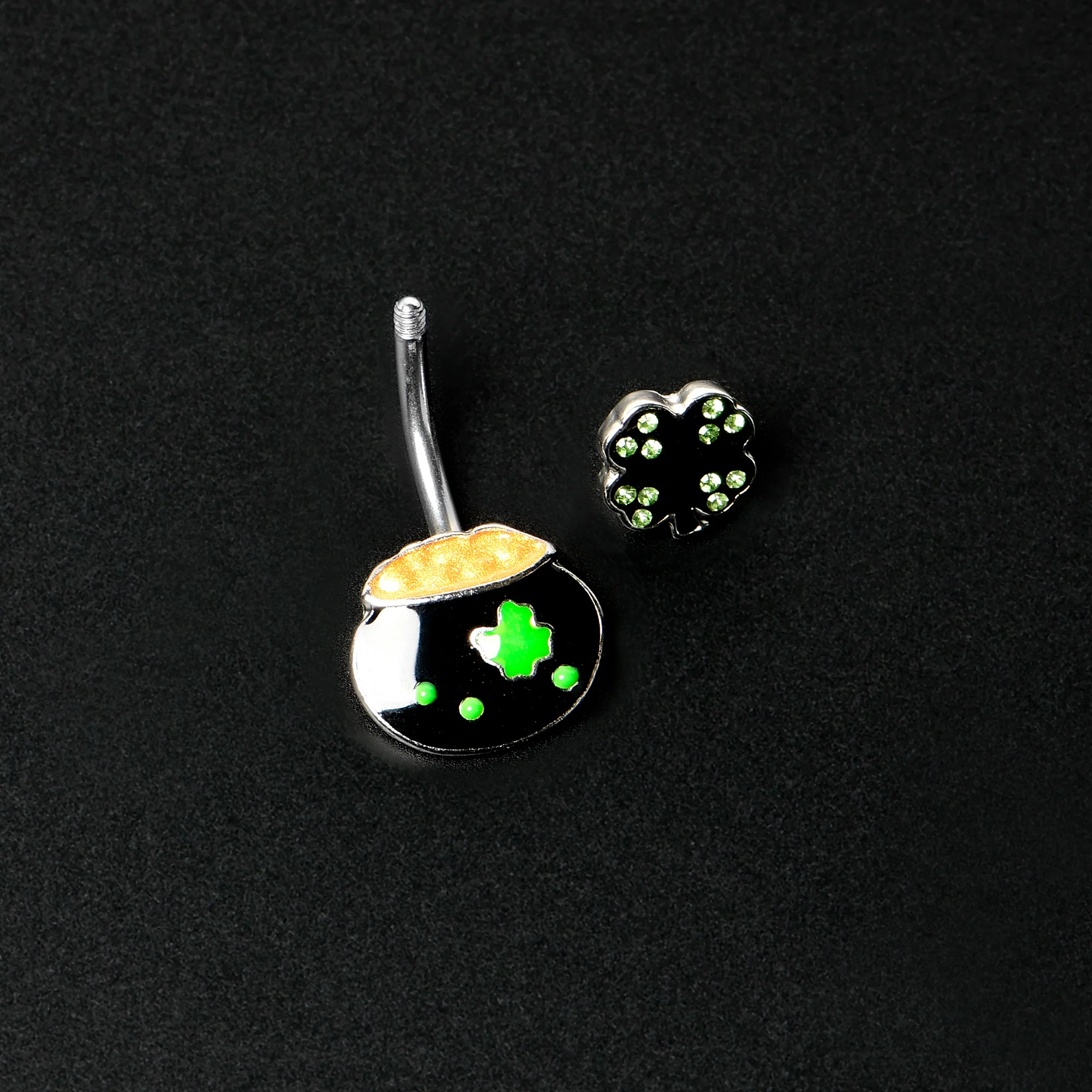 Green Gem Shamrock Pot Of Gold Black Double Mount Belly Ring - Image 5