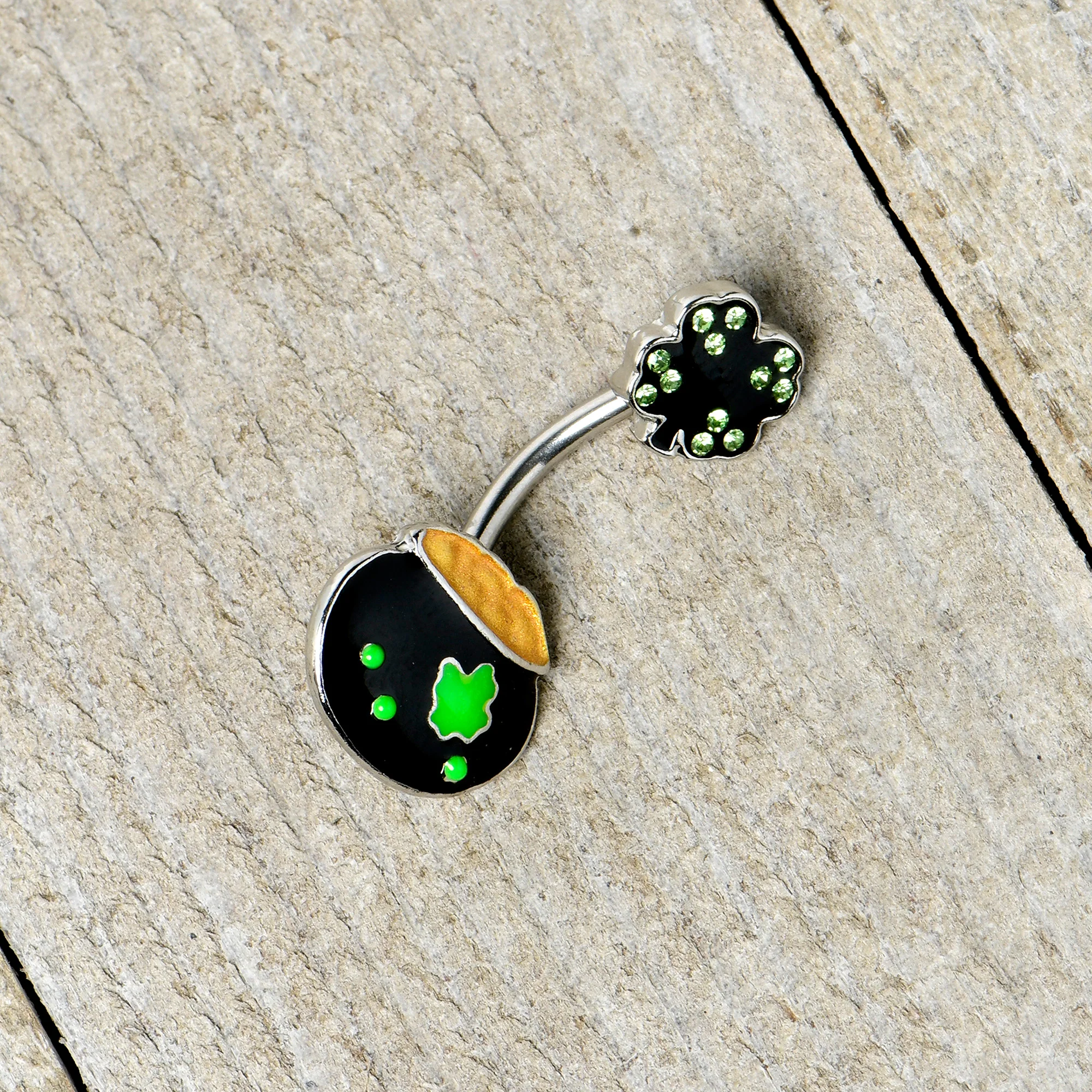 Green Gem Shamrock Pot Of Gold Black Double Mount Belly Ring - Image 6