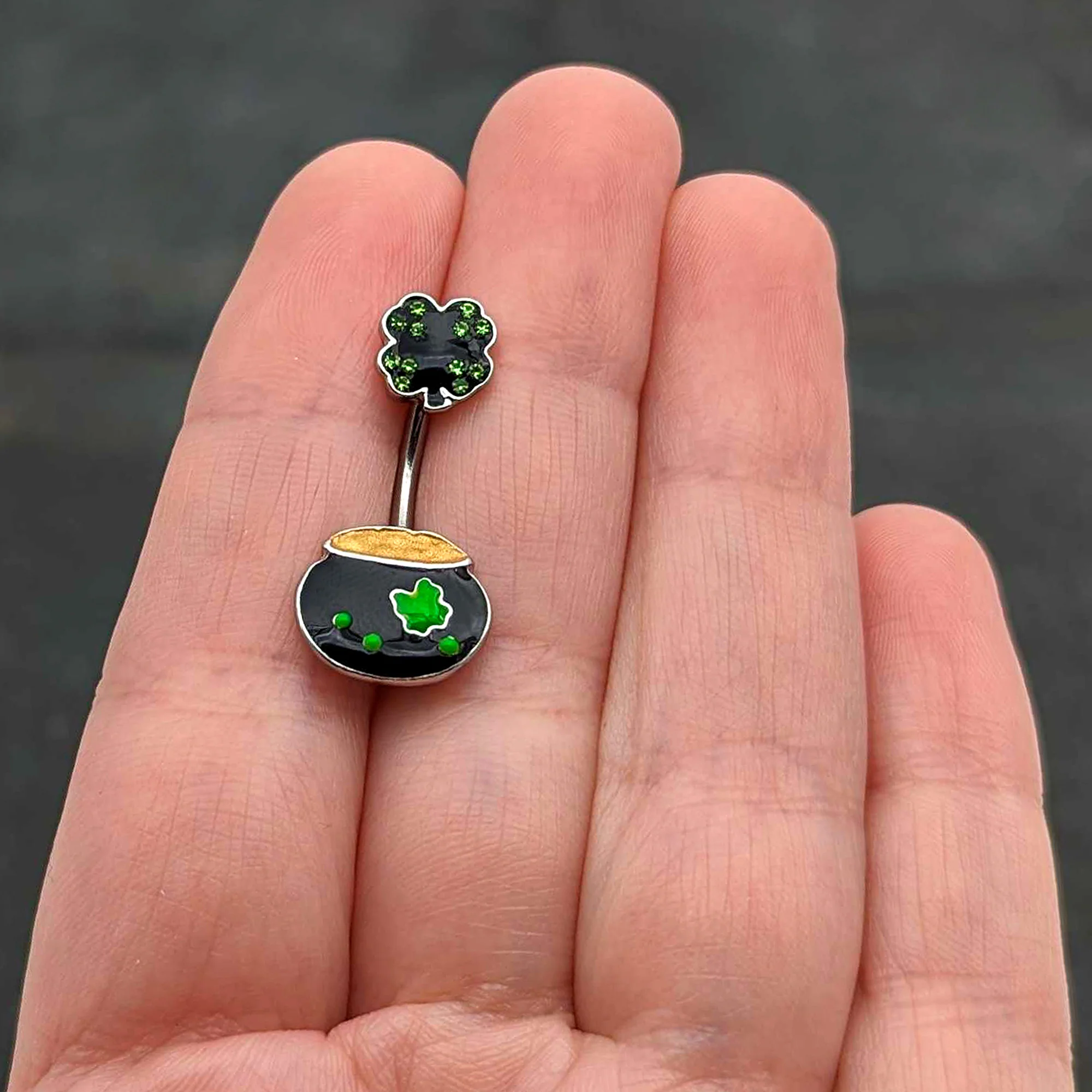 Green Gem Shamrock Pot Of Gold Black Double Mount Belly Ring - Image 7