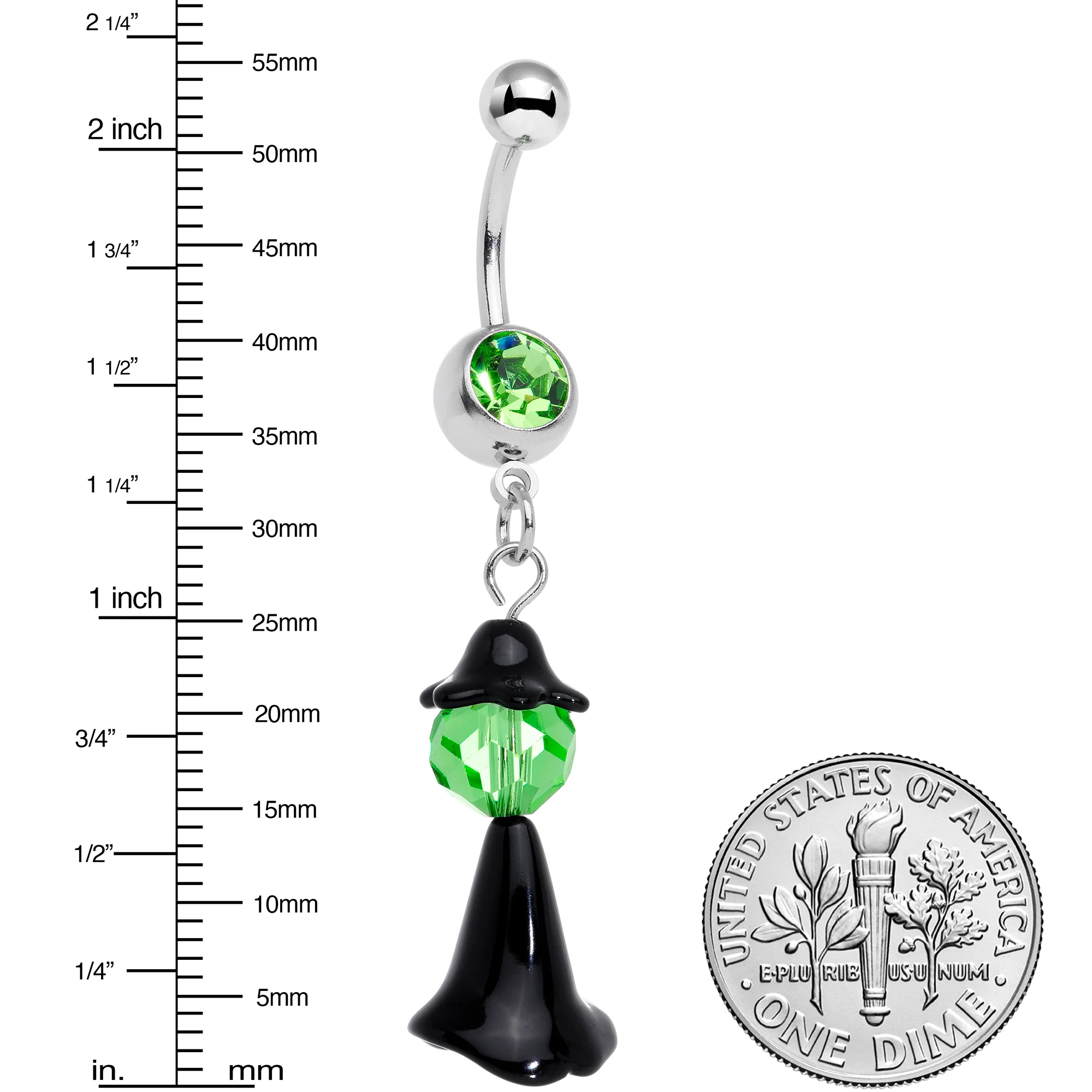 Green Gem Spooky Witch Halloween Dangle Belly Ring - Image 2