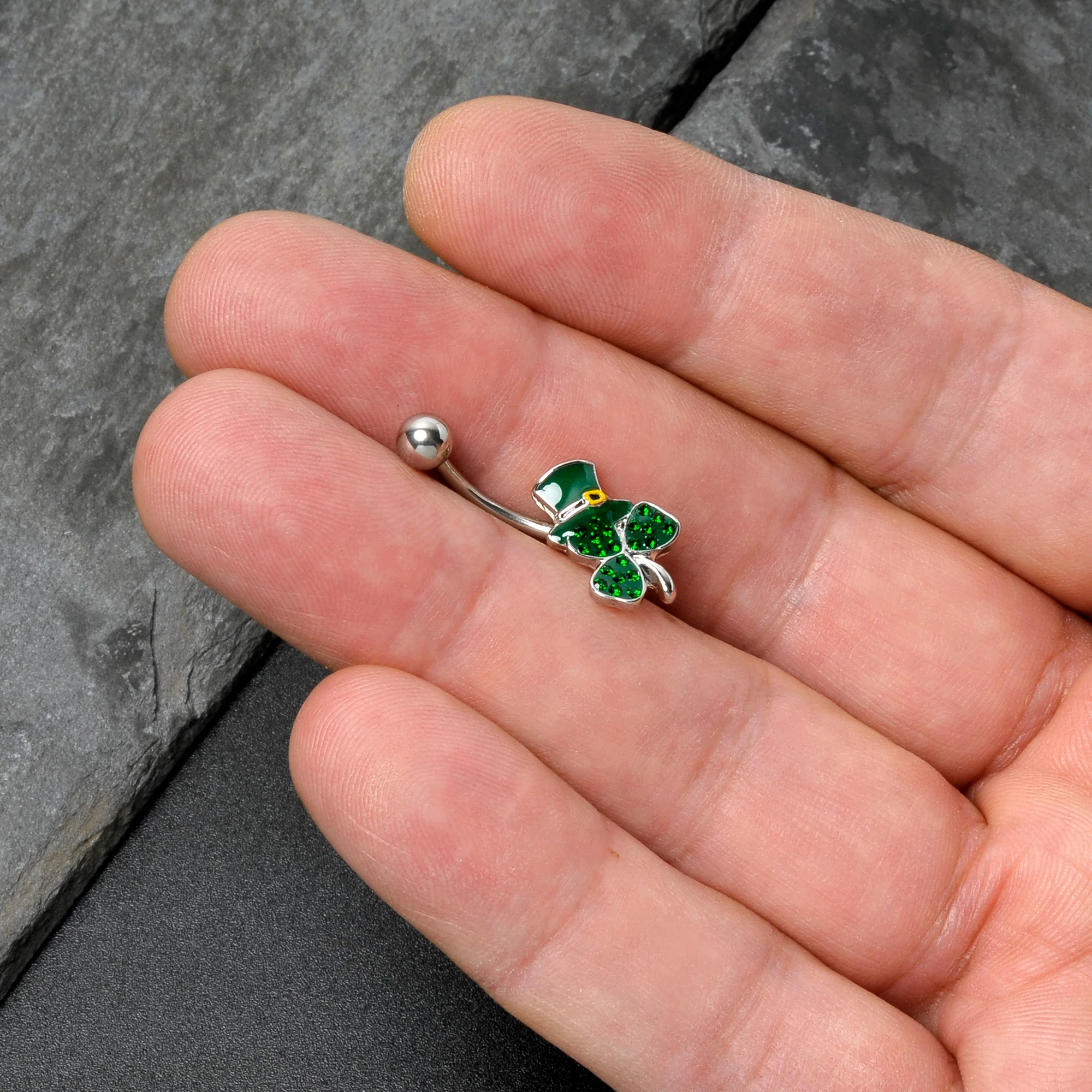 Green Gem Top Hat Shamrock St Patricks Belly Ring - Image 8