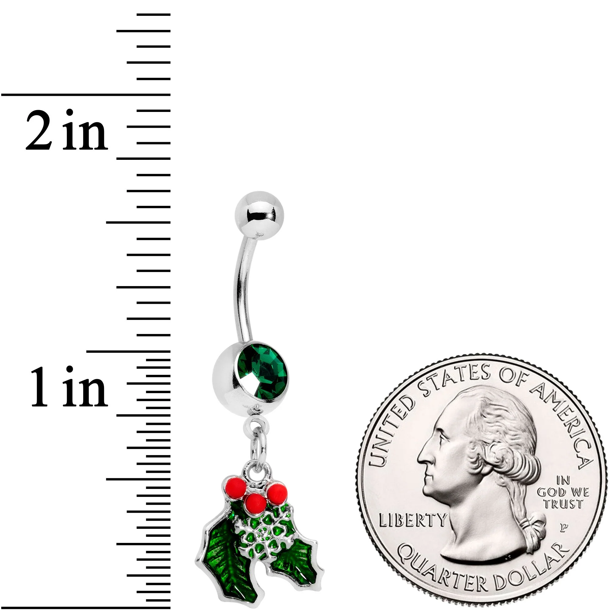 Green Gem Winter Wonderland Snow on the Holly Dangle Belly Ring - Image 2