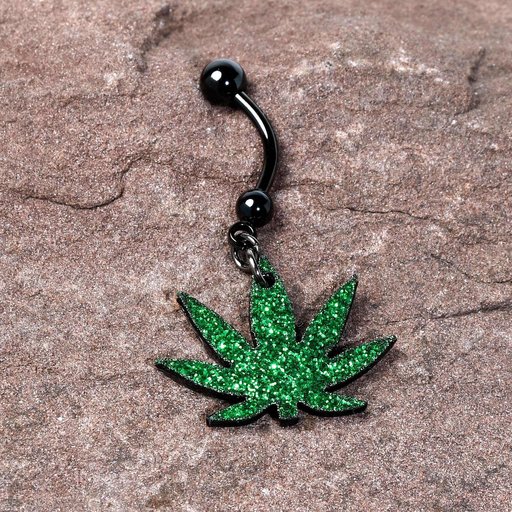 Green Glitter Marijuana Pot Leaf Black Dangle Belly Ring - Image 4