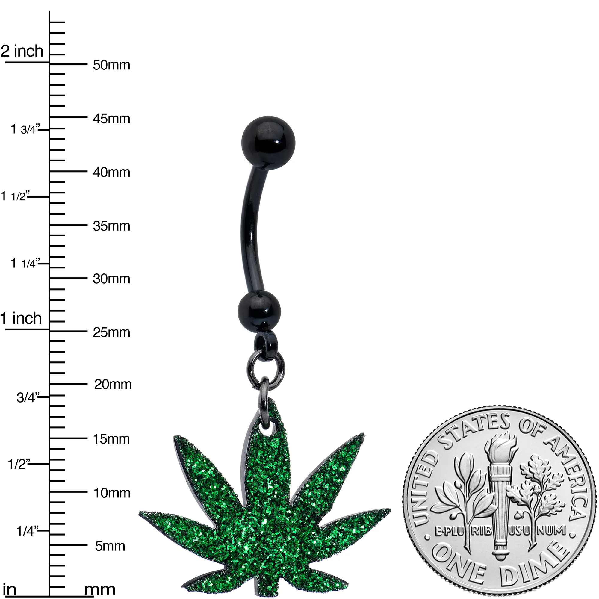 Green Glitter Marijuana Pot Leaf Black Dangle Belly Ring - Image 8